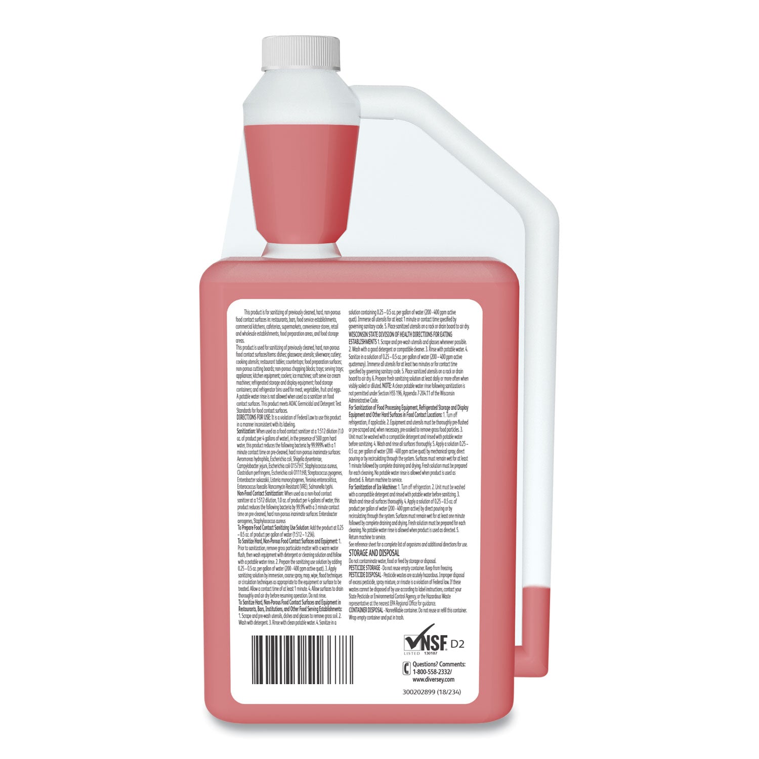 Diversey J-512 Sanitizer, Concentrate, Liquid, 32 fl oz (1 quart), Quaternary Scent, 7.9 pH, Red, No-rinse, Kosher, 6 per Carton