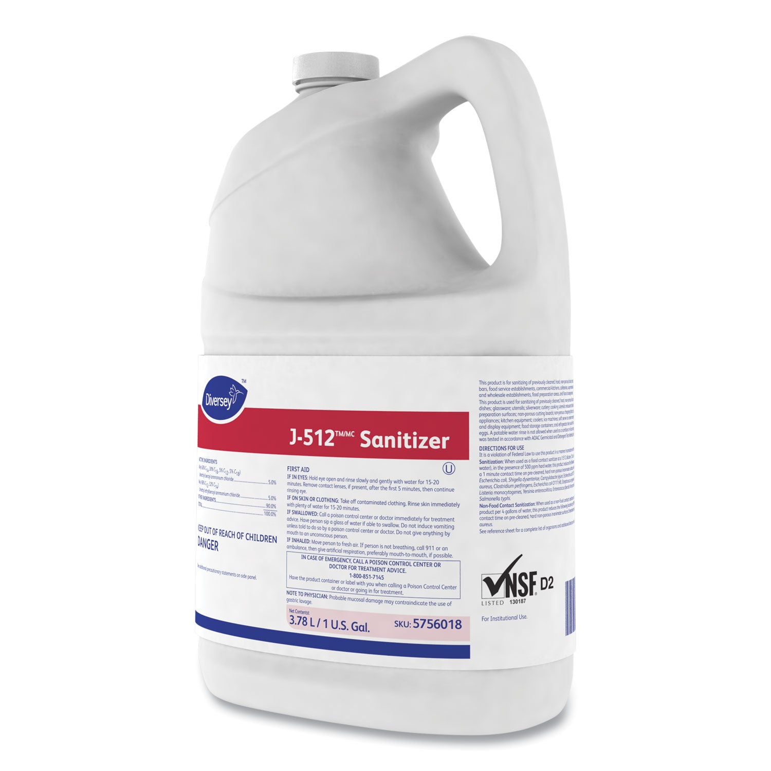Diversey J-512 Sanitizer, Concentrate Liquid, Quaternary Scent, 128 fl oz (4 quart) Bottles, Red, 4/Carton, Kosher, Rinse-Free, pH 7.9