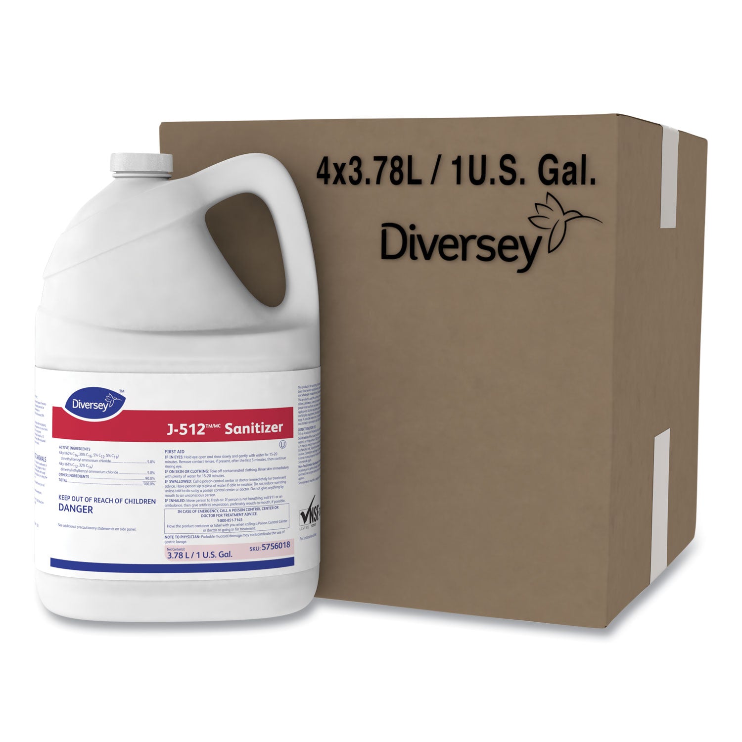 Diversey J-512 Sanitizer, Concentrate Liquid, Quaternary Scent, 128 fl oz (4 quart) Bottles, Red, 4/Carton, Kosher, Rinse-Free, pH 7.9
