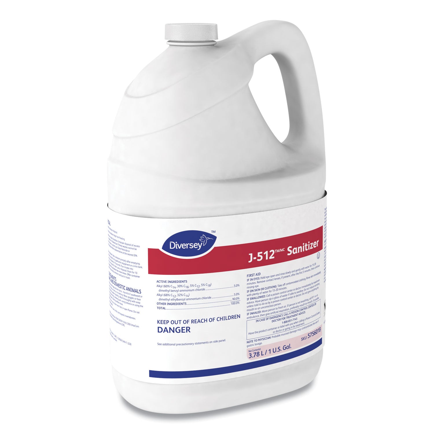 Diversey J-512 Sanitizer, Concentrate Liquid, Quaternary Scent, 128 fl oz (4 quart) Bottles, Red, 4/Carton, Kosher, Rinse-Free, pH 7.9