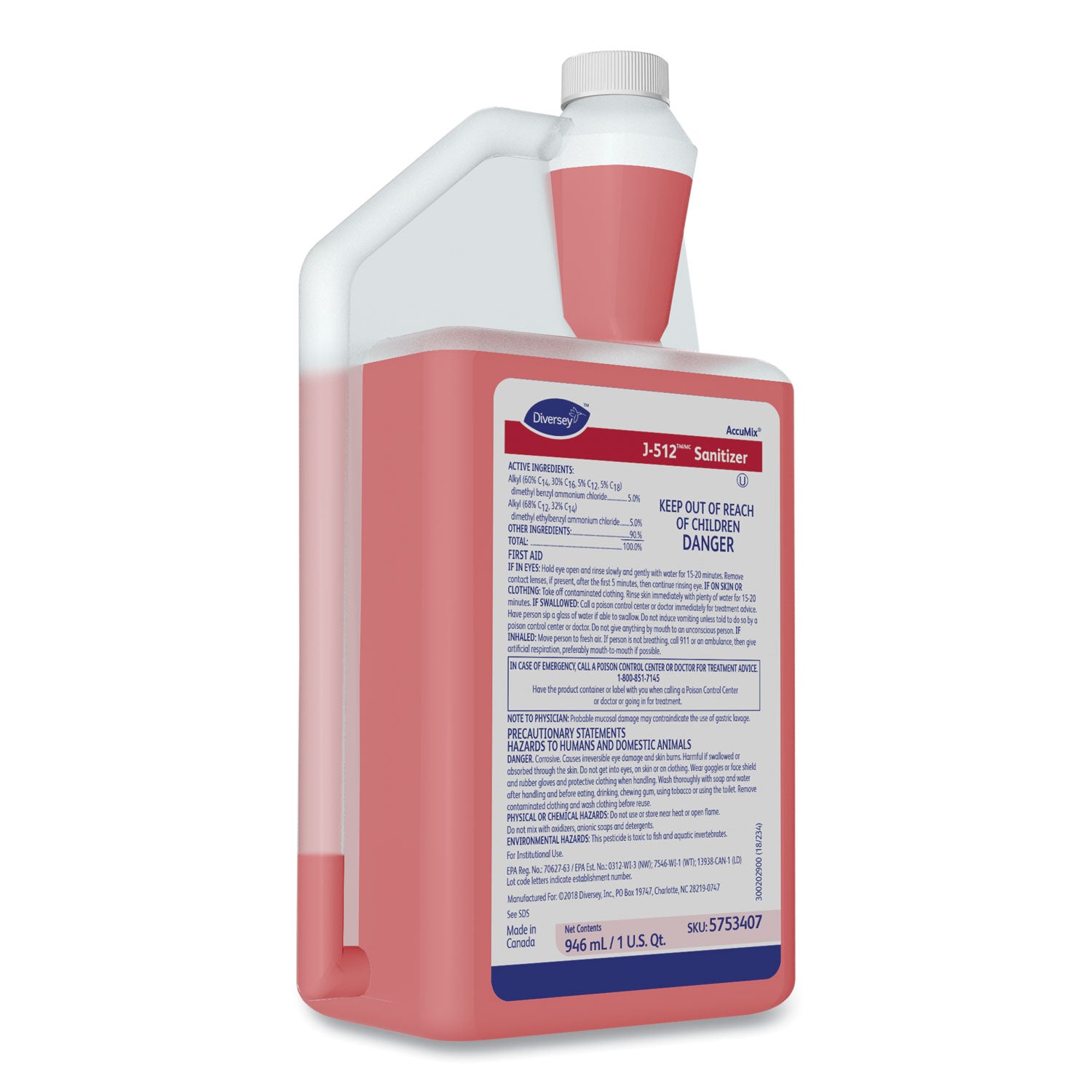 Diversey J-512 Sanitizer, Concentrate, Liquid, 32 fl oz (1 quart), Quaternary Scent, 7.9 pH, Red, No-rinse, Kosher, 6 per Carton