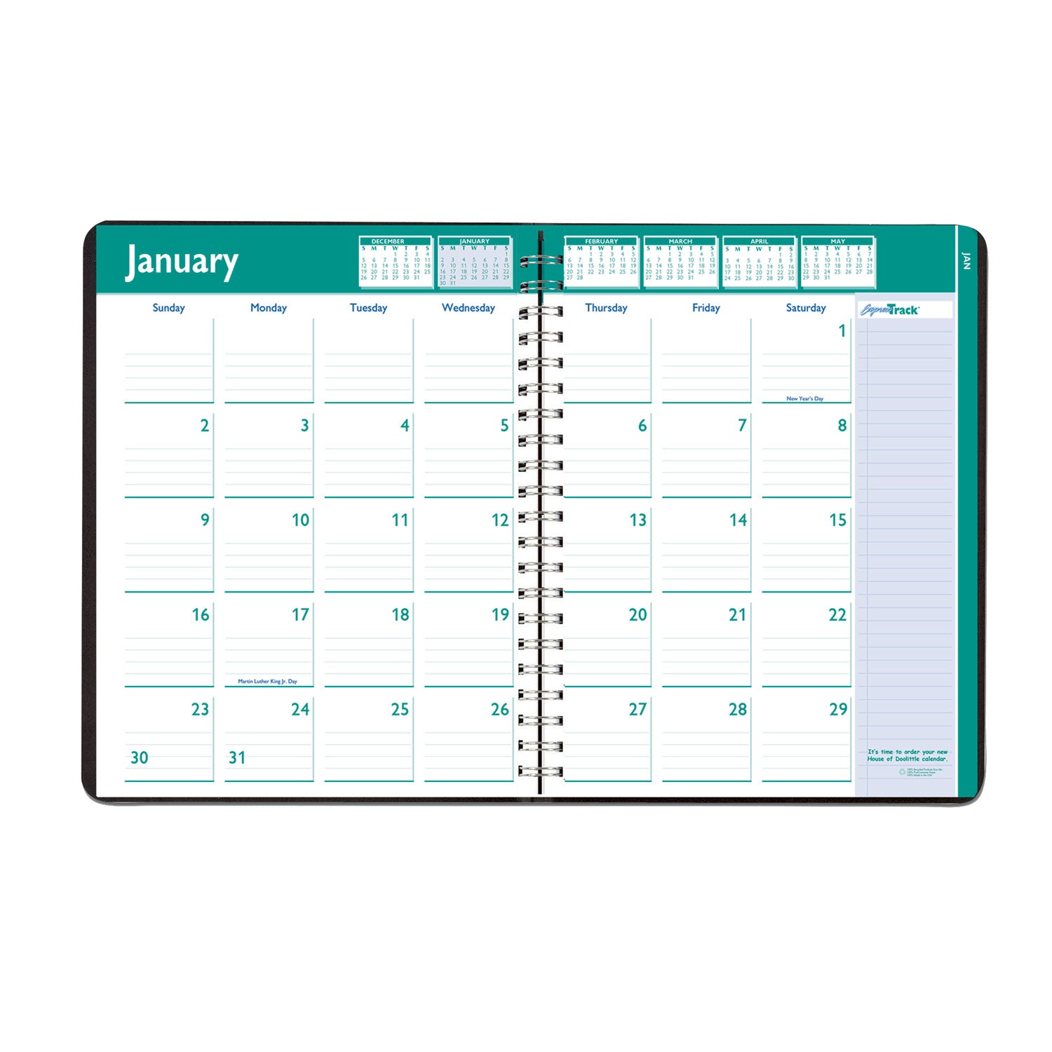 Julian Dates - Weekly, Monthly - 13 Month - January 2026 to January 2027 - 8:00 AM to 5:00 PM - Hourly - 1 Week, 1 Month Double Page Layout - 8 1/2" x 11" Sheet Size - Wire Bound - Paper, Simulated Leather - Black Cover - Tabbed, Expense Tracking - 1 Each