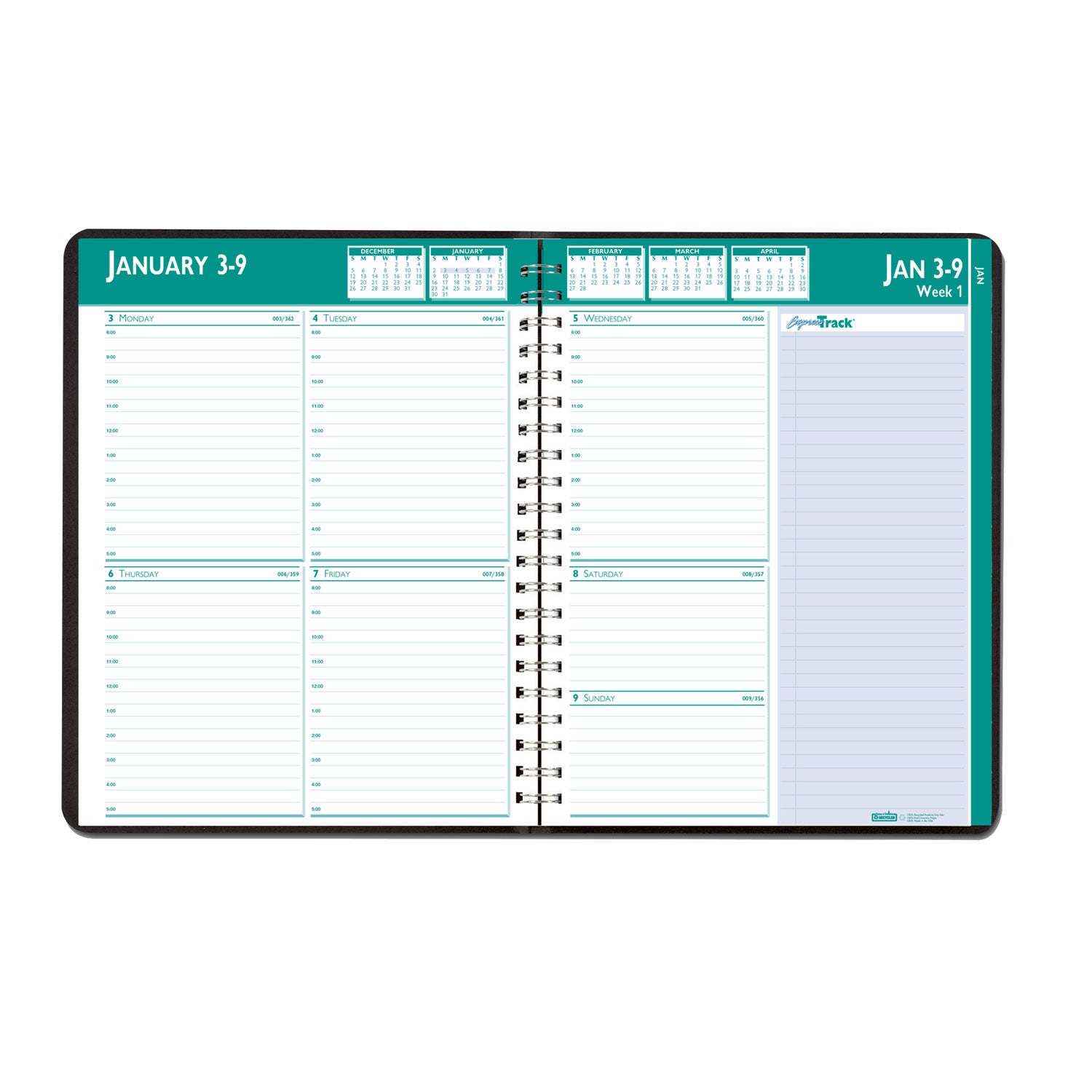 Julian Dates - Weekly, Monthly - 13 Month - January 2026 to January 2027 - 8:00 AM to 5:00 PM - Hourly - 1 Week, 1 Month Double Page Layout - 8 1/2" x 11" Sheet Size - Wire Bound - Paper, Simulated Leather - Black Cover - Tabbed, Expense Tracking - 1 Each