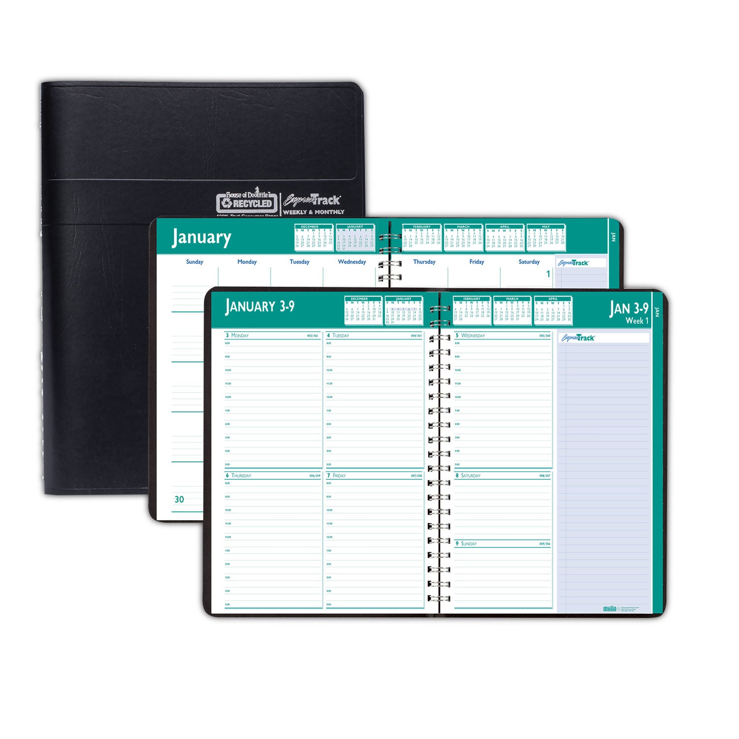 Julian Dates - Weekly, Monthly - 13 Month - January 2026 to January 2027 - 8:00 AM to 5:00 PM - Hourly - 1 Week, 1 Month Double Page Layout - 8 1/2" x 11" Sheet Size - Wire Bound - Paper, Simulated Leather - Black Cover - Tabbed, Expense Tracking - 1 Each