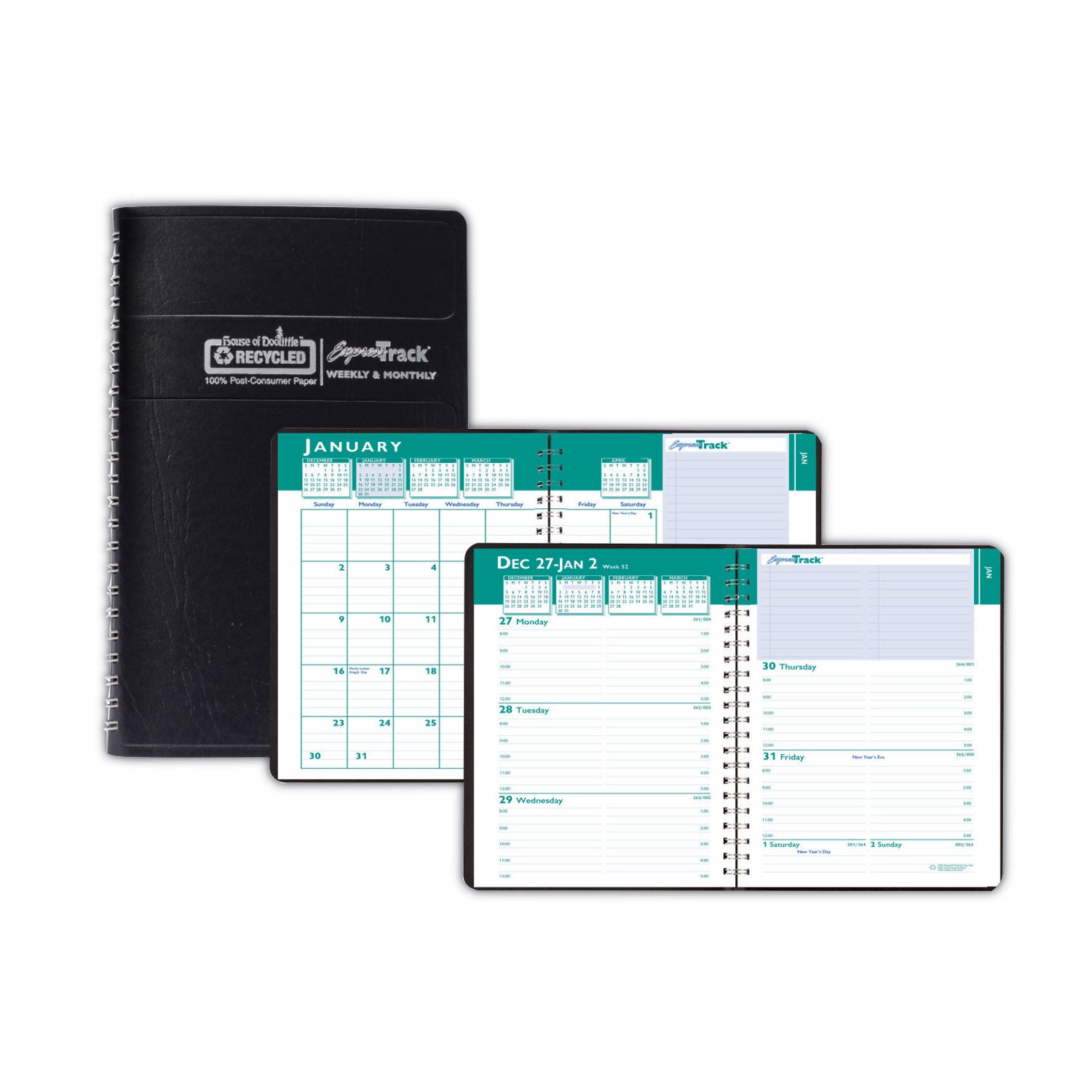 Julian Dates - Weekly, Monthly - 13 Month - January 2026 to January 2027 - 8:00 AM to 5:00 PM - Hourly - 1 Week, 1 Month Double Page Layout - 5" x 8" Sheet Size - Wire Bound - Paper, Simulated Leather - Black Cover - Tabbed, Expense Tracking - 1 Each
