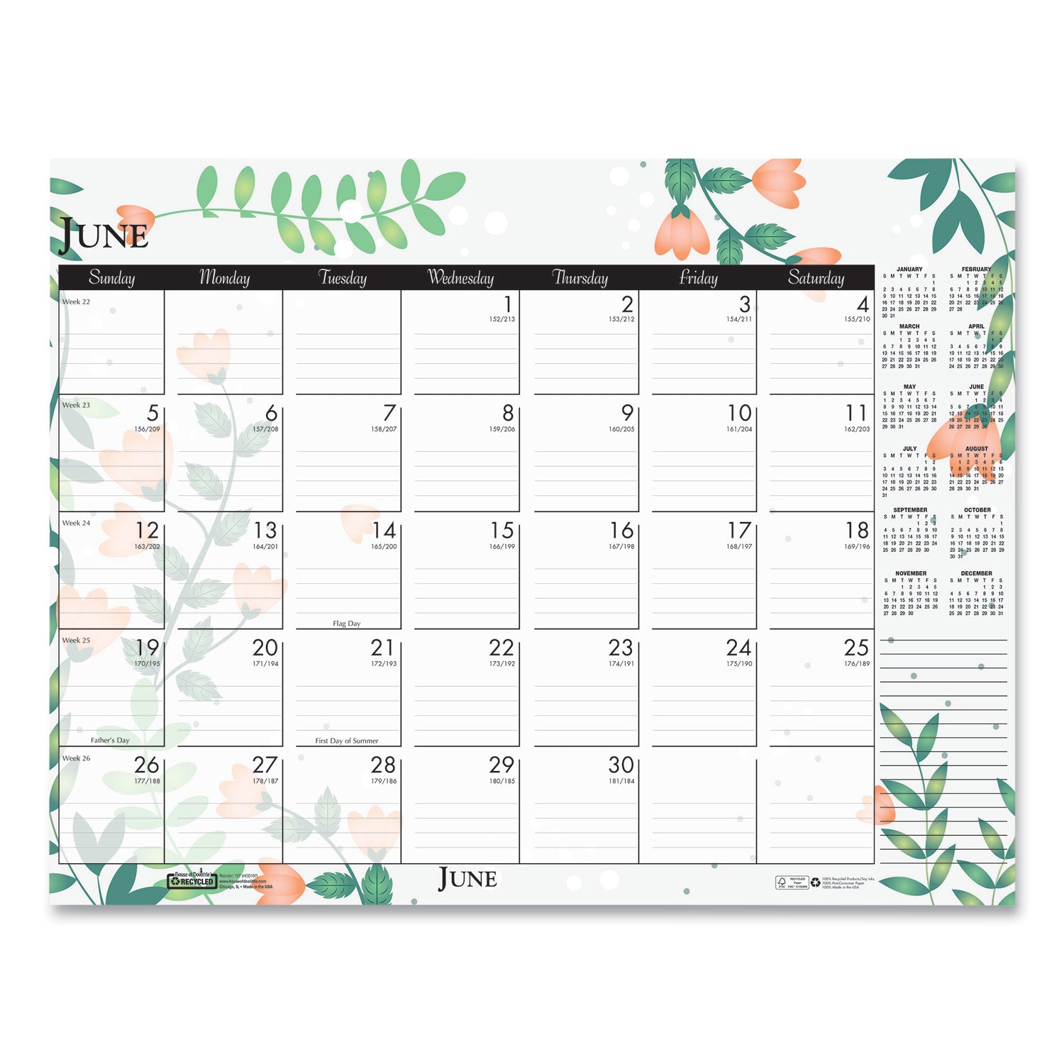 Julian Dates - Monthly - 12 Month - January 2026 to December 2026 - 18 1/2" x 13" Sheet Size - Desk, Desk Pad - Multicolor - Planing Calendar, Reinforced Corner, Perforated, Easy Tear, Printed - 1 Each