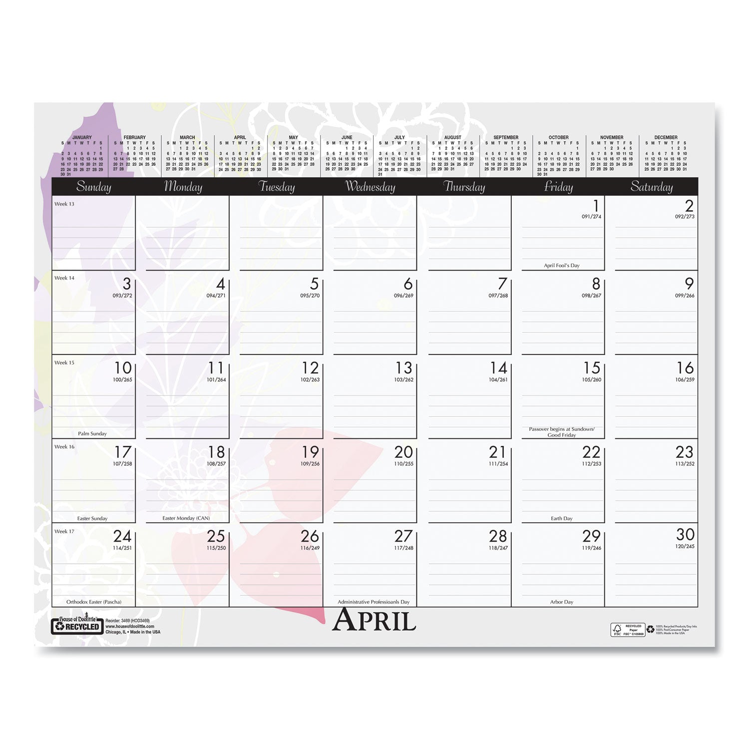 Julian Dates - Monthly - 12 Month - January to December - 12" x 15" Sheet Size - Wire Bound - Desk - Wall Mount - Multi - Paper - Hanger, Printed - 1 Each