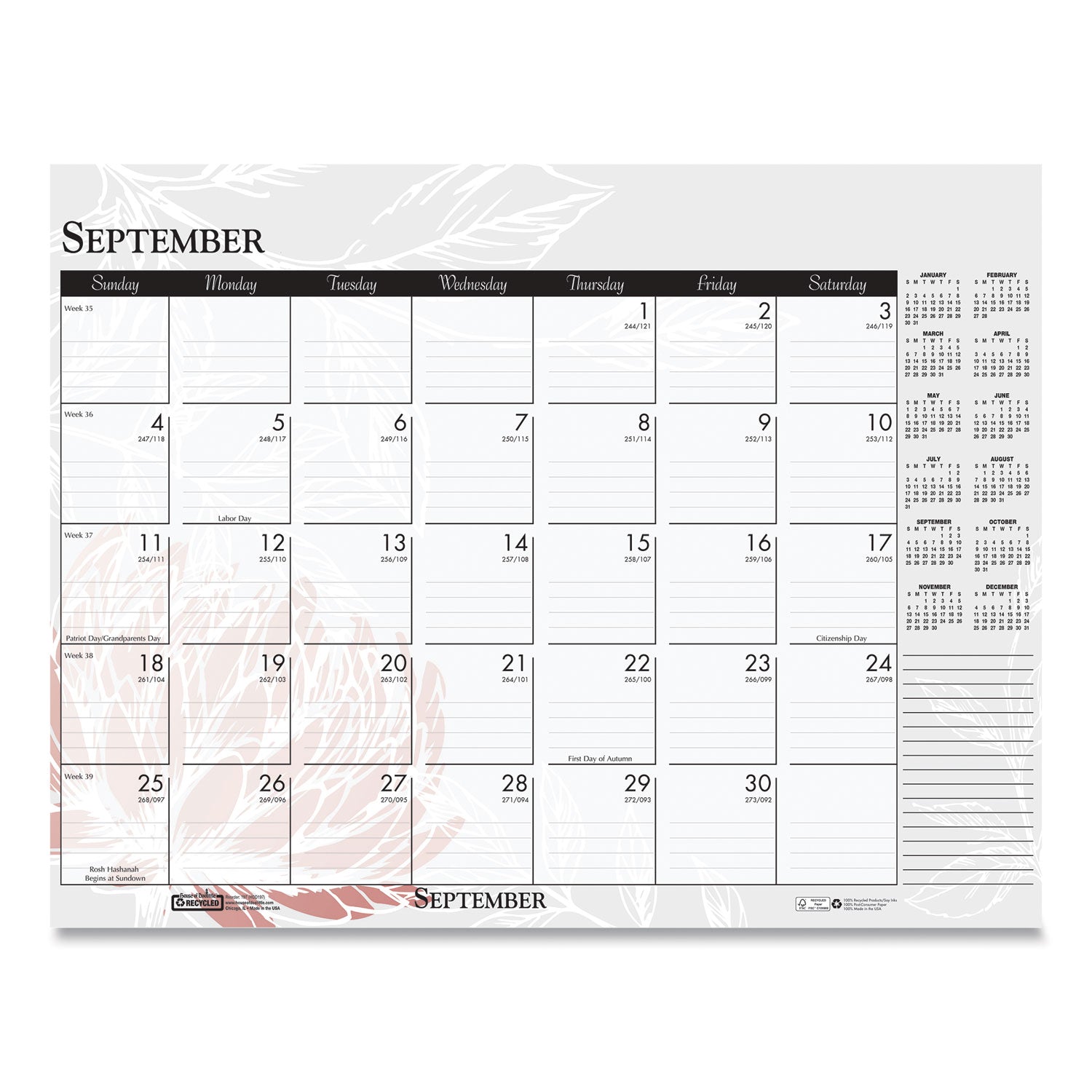 Julian Dates - Monthly - 12 Month - January 2026 to December 2026 - 18 1/2" x 13" Sheet Size - Desk, Desk Pad - Multicolor - Planing Calendar, Reinforced Corner, Perforated, Easy Tear, Printed - 1 Each