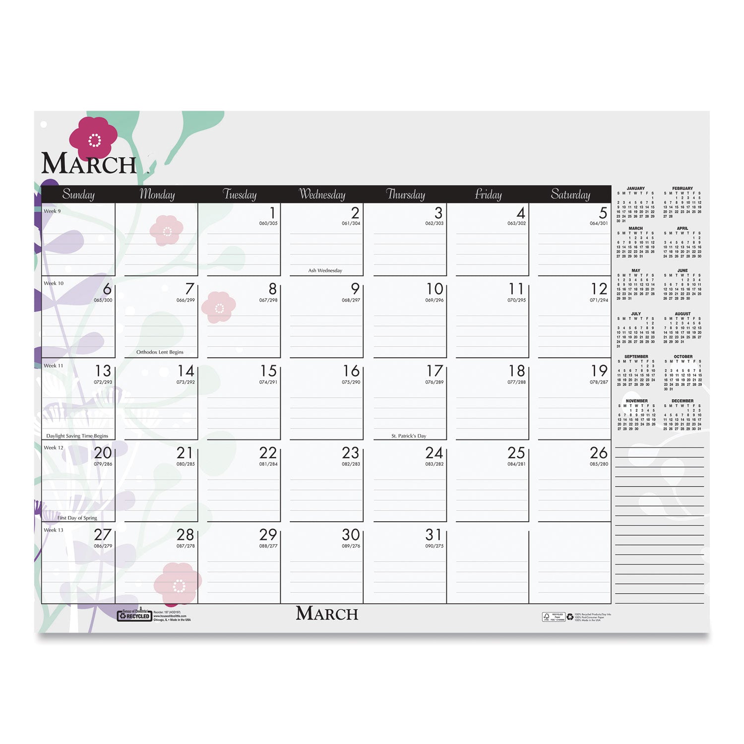 Julian Dates - Monthly - 12 Month - January 2026 to December 2026 - 18 1/2" x 13" Sheet Size - Desk, Desk Pad - Multicolor - Planing Calendar, Reinforced Corner, Perforated, Easy Tear, Printed - 1 Each