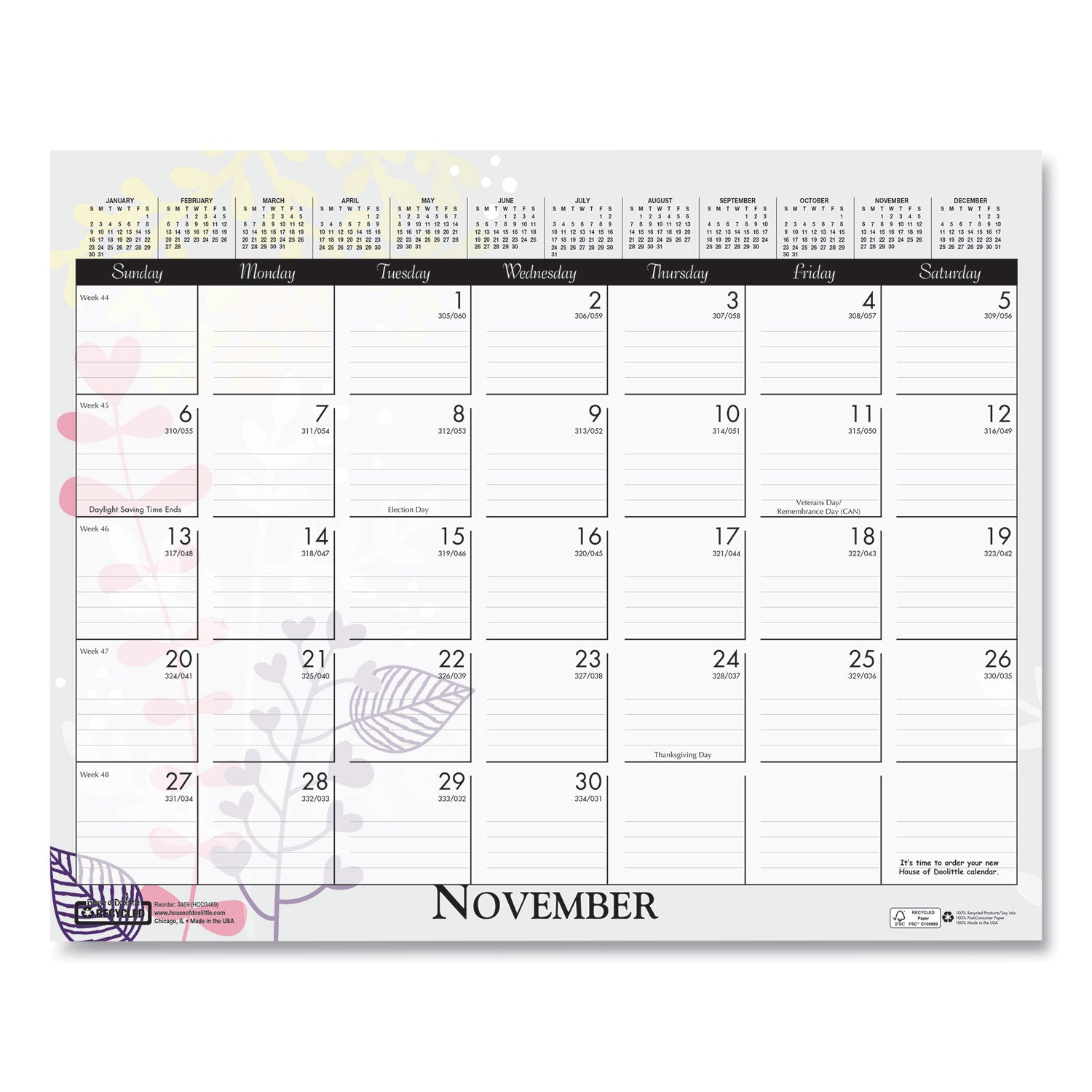 Julian Dates - Monthly - 12 Month - January to December - 12" x 15" Sheet Size - Wire Bound - Desk - Wall Mount - Multi - Paper - Hanger, Printed - 1 Each