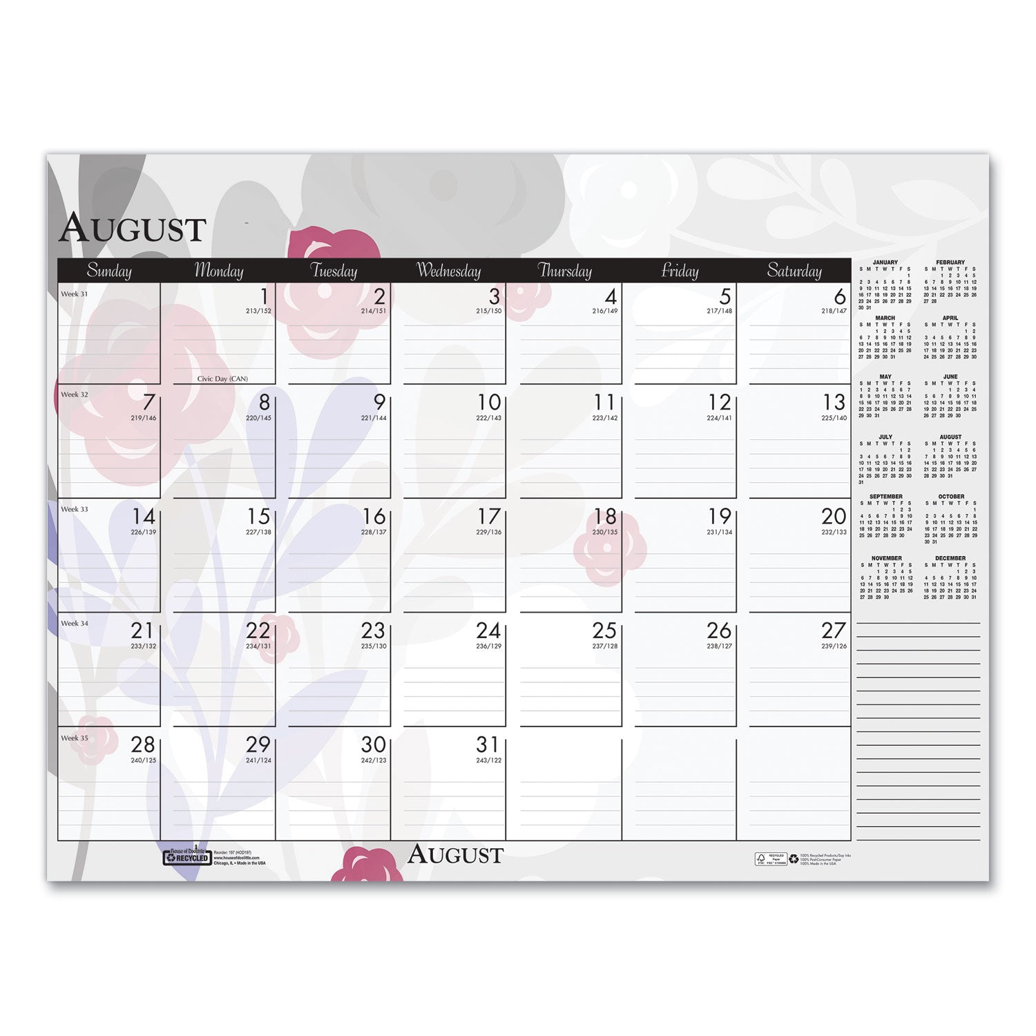 Julian Dates - Monthly - 12 Month - January 2026 to December 2026 - 18 1/2" x 13" Sheet Size - Desk, Desk Pad - Multicolor - Planing Calendar, Reinforced Corner, Perforated, Easy Tear, Printed - 1 Each