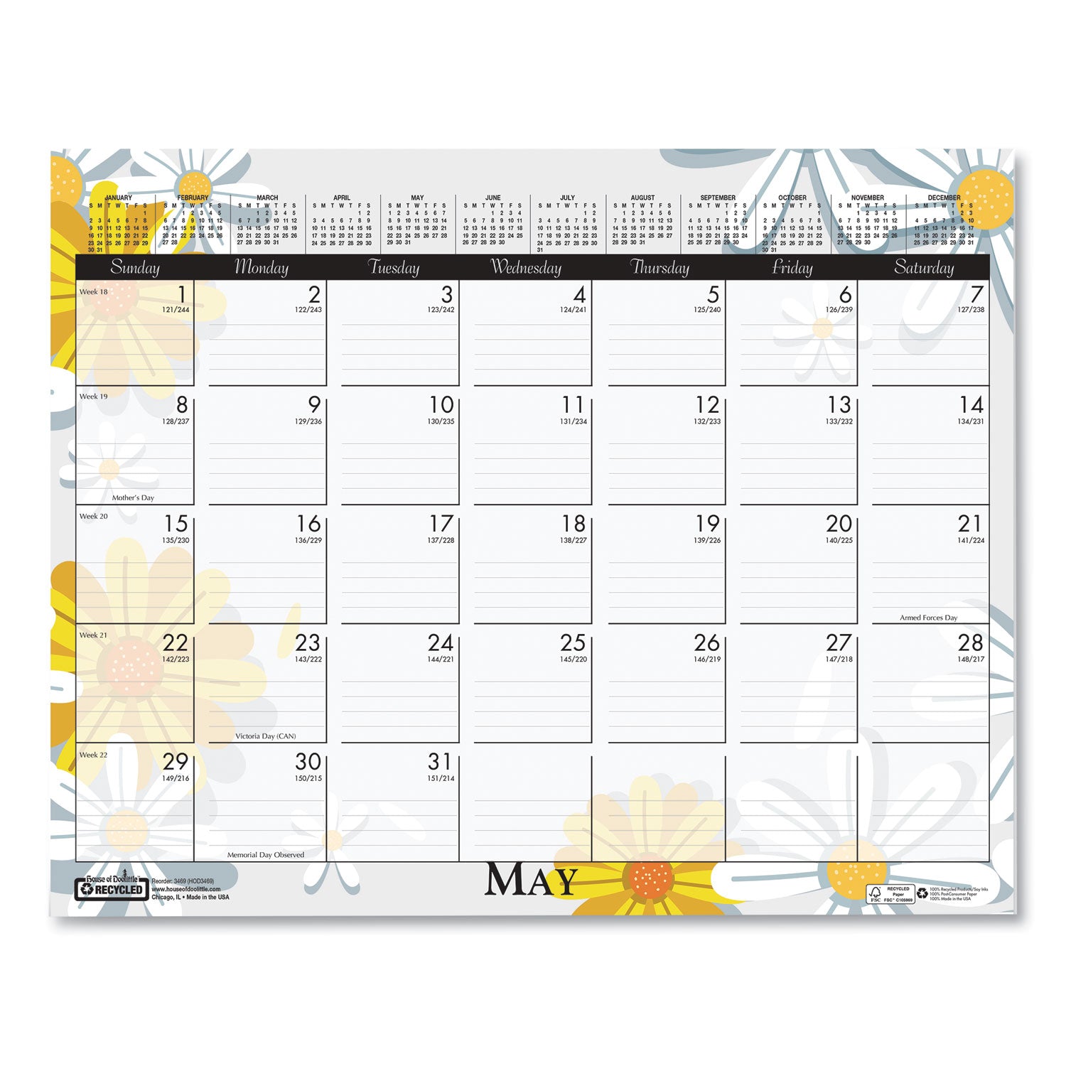 Julian Dates - Monthly - 12 Month - January to December - 12" x 15" Sheet Size - Wire Bound - Desk - Wall Mount - Multi - Paper - Hanger, Printed - 1 Each