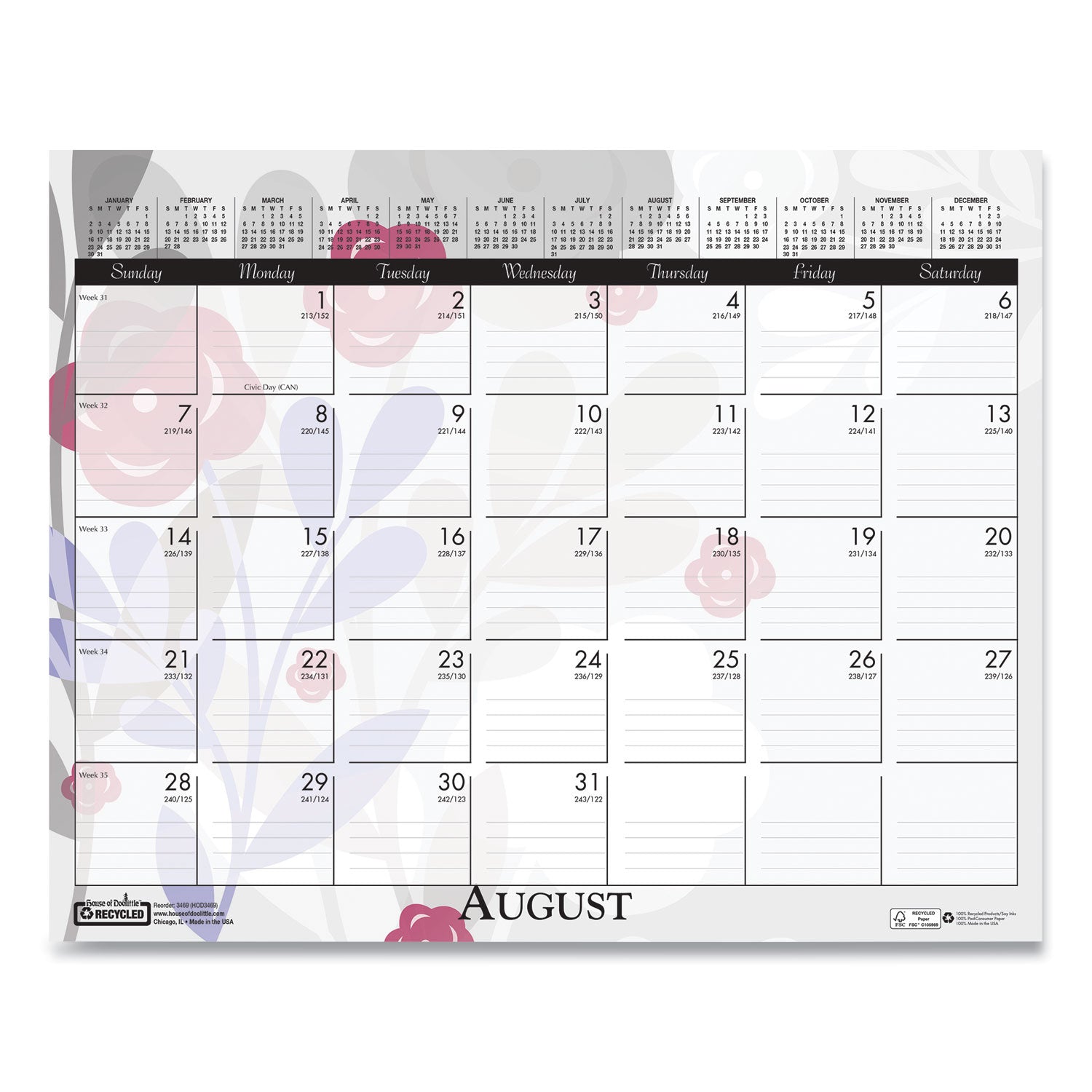 Julian Dates - Monthly - 12 Month - January to December - 12" x 15" Sheet Size - Wire Bound - Desk - Wall Mount - Multi - Paper - Hanger, Printed - 1 Each