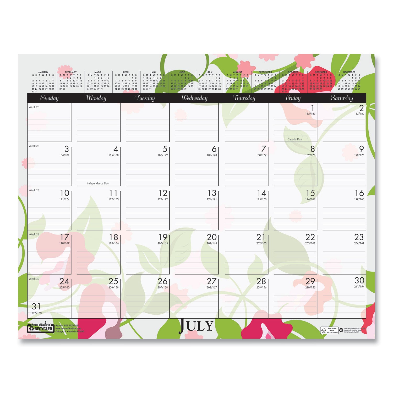 Julian Dates - Monthly - 12 Month - January to December - 12" x 15" Sheet Size - Wire Bound - Desk - Wall Mount - Multi - Paper - Hanger, Printed - 1 Each