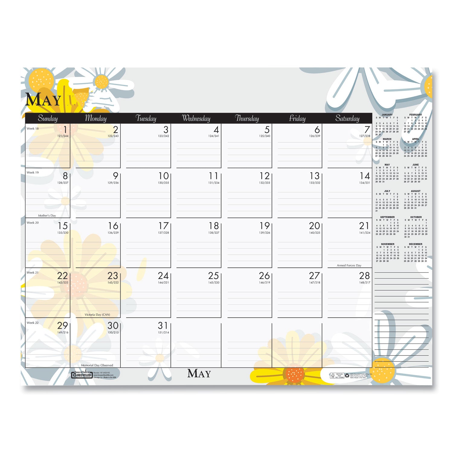 Julian Dates - Monthly - 12 Month - January 2026 to December 2026 - 18 1/2" x 13" Sheet Size - Desk, Desk Pad - Multicolor - Planing Calendar, Reinforced Corner, Perforated, Easy Tear, Printed - 1 Each