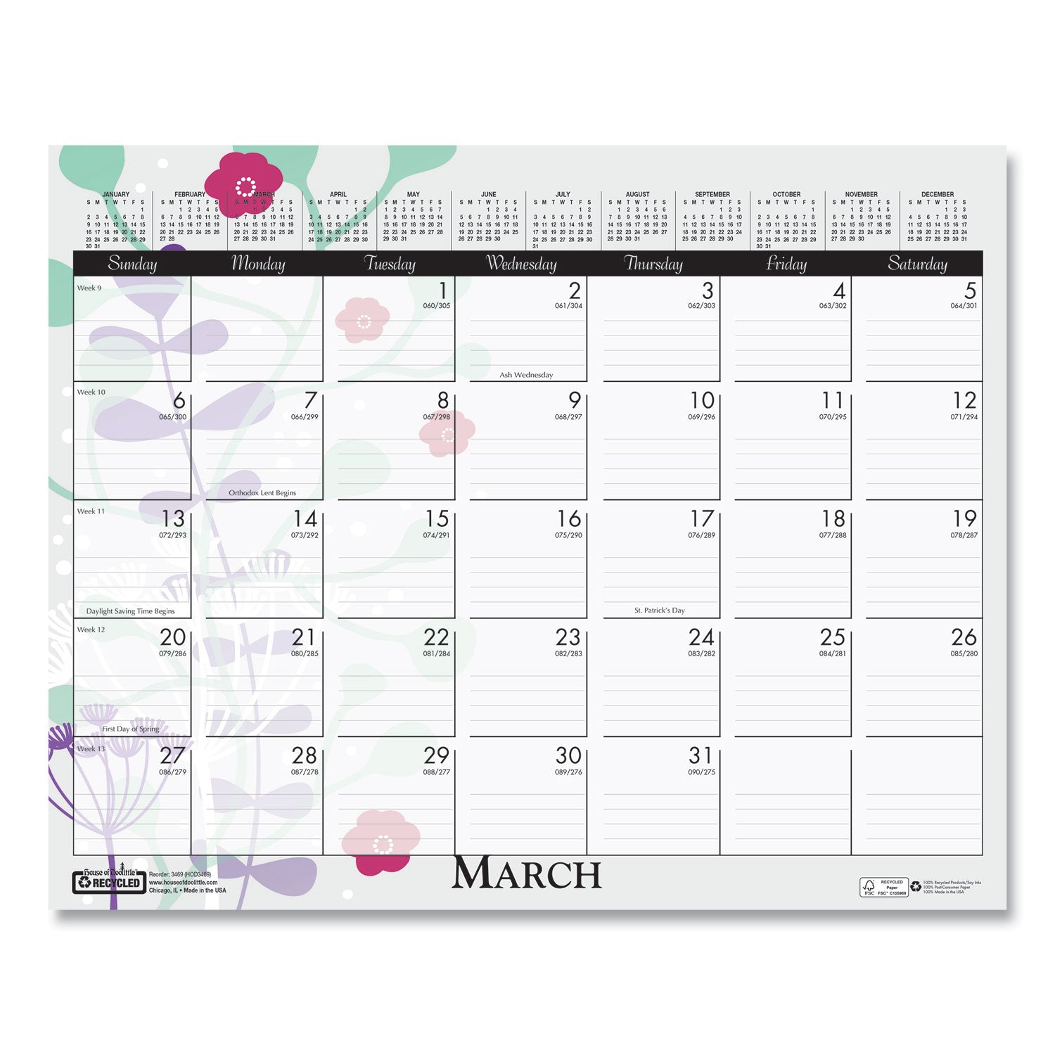 Julian Dates - Monthly - 12 Month - January to December - 12" x 15" Sheet Size - Wire Bound - Desk - Wall Mount - Multi - Paper - Hanger, Printed - 1 Each