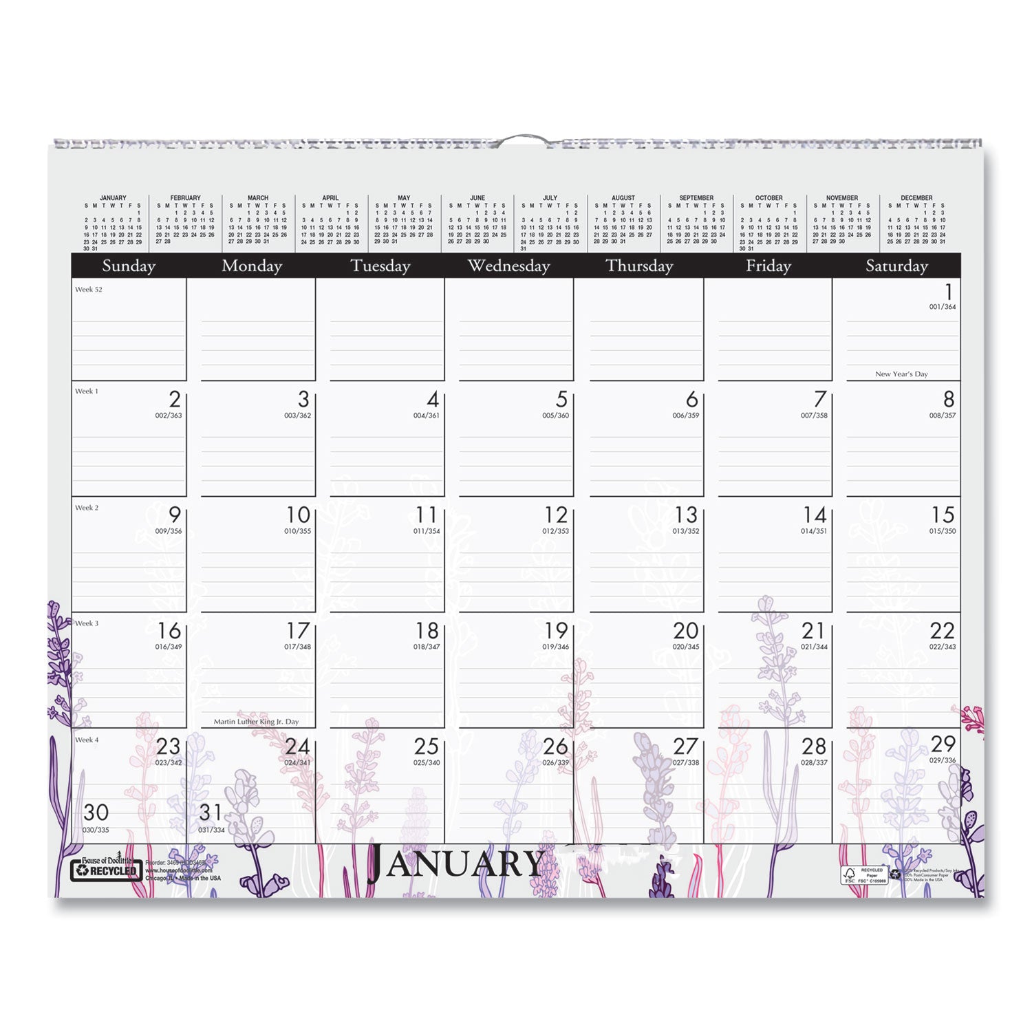 Julian Dates - Monthly - 12 Month - January to December - 12" x 15" Sheet Size - Wire Bound - Desk - Wall Mount - Multi - Paper - Hanger, Printed - 1 Each