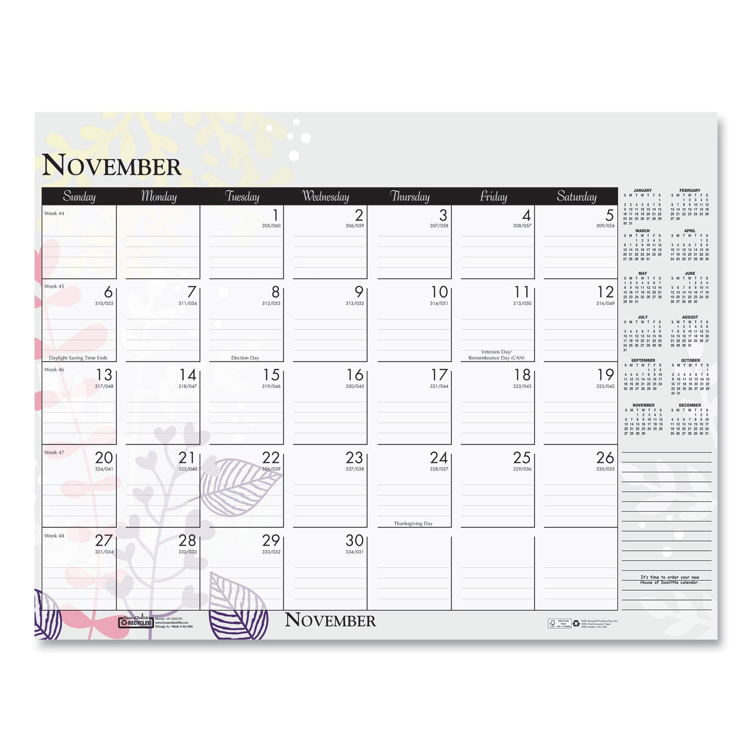 Julian Dates - Monthly - 12 Month - January 2026 to December 2026 - 18 1/2" x 13" Sheet Size - Desk, Desk Pad - Multicolor - Planing Calendar, Reinforced Corner, Perforated, Easy Tear, Printed - 1 Each
