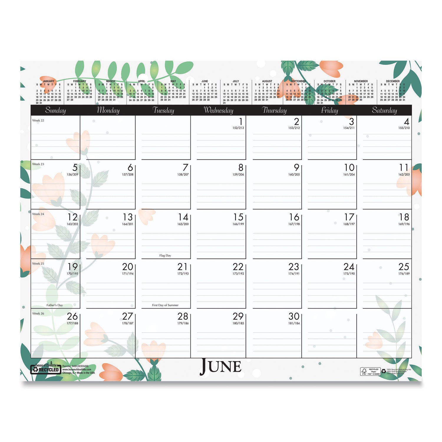 Julian Dates - Monthly - 12 Month - January to December - 12" x 15" Sheet Size - Wire Bound - Desk - Wall Mount - Multi - Paper - Hanger, Printed - 1 Each