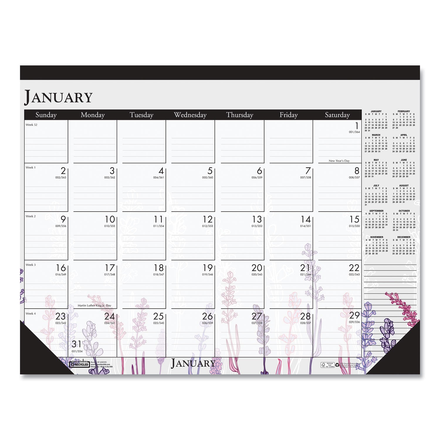 Julian Dates - Monthly - 12 Month - January 2026 to December 2026 - 18 1/2" x 13" Sheet Size - Desk, Desk Pad - Multicolor - Planing Calendar, Reinforced Corner, Perforated, Easy Tear, Printed - 1 Each
