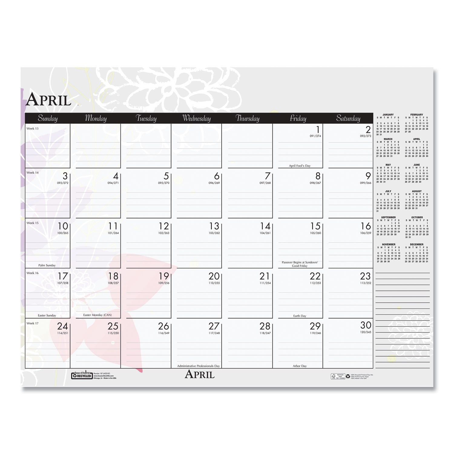 Julian Dates - Monthly - 12 Month - January 2026 to December 2026 - 18 1/2" x 13" Sheet Size - Desk, Desk Pad - Multicolor - Planing Calendar, Reinforced Corner, Perforated, Easy Tear, Printed - 1 Each