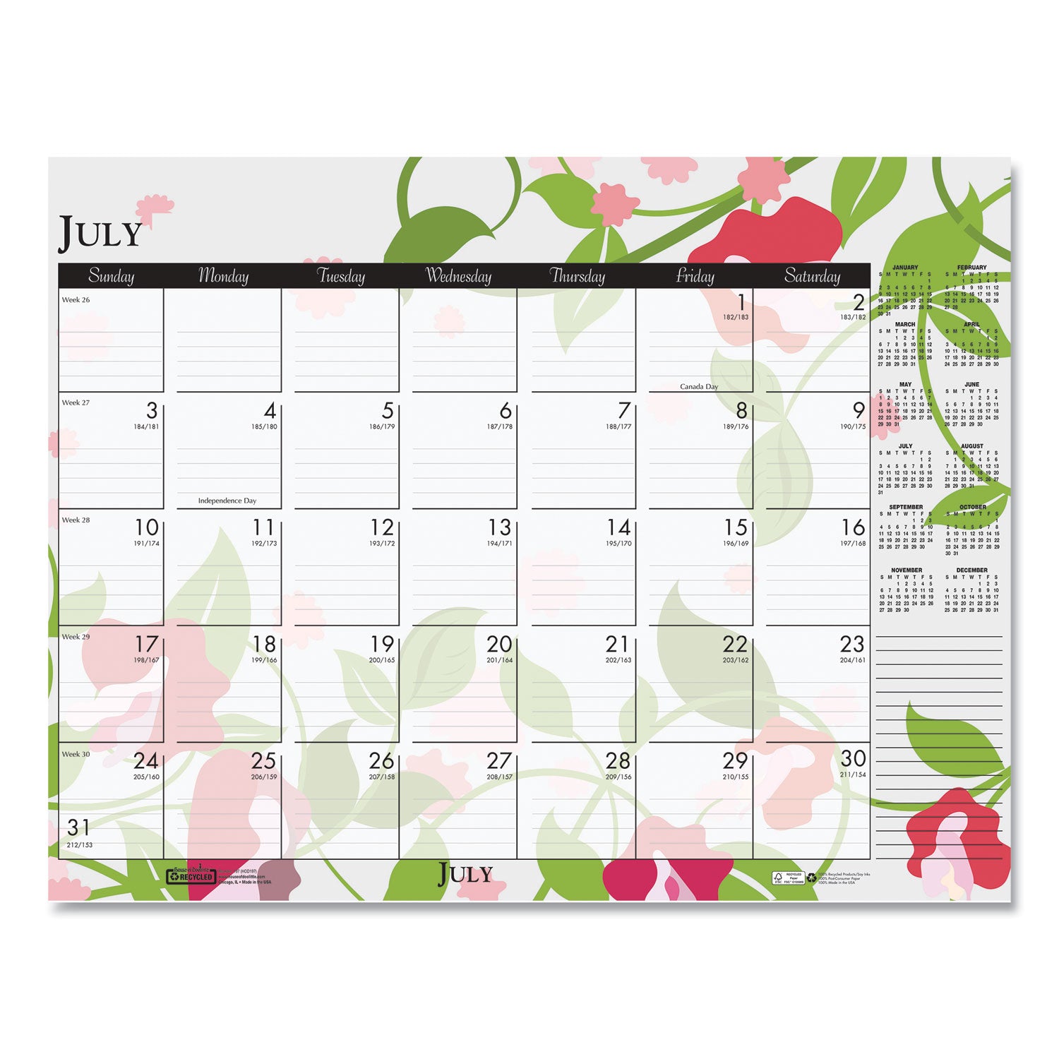 Julian Dates - Monthly - 12 Month - January 2026 to December 2026 - 18 1/2" x 13" Sheet Size - Desk, Desk Pad - Multicolor - Planing Calendar, Reinforced Corner, Perforated, Easy Tear, Printed - 1 Each