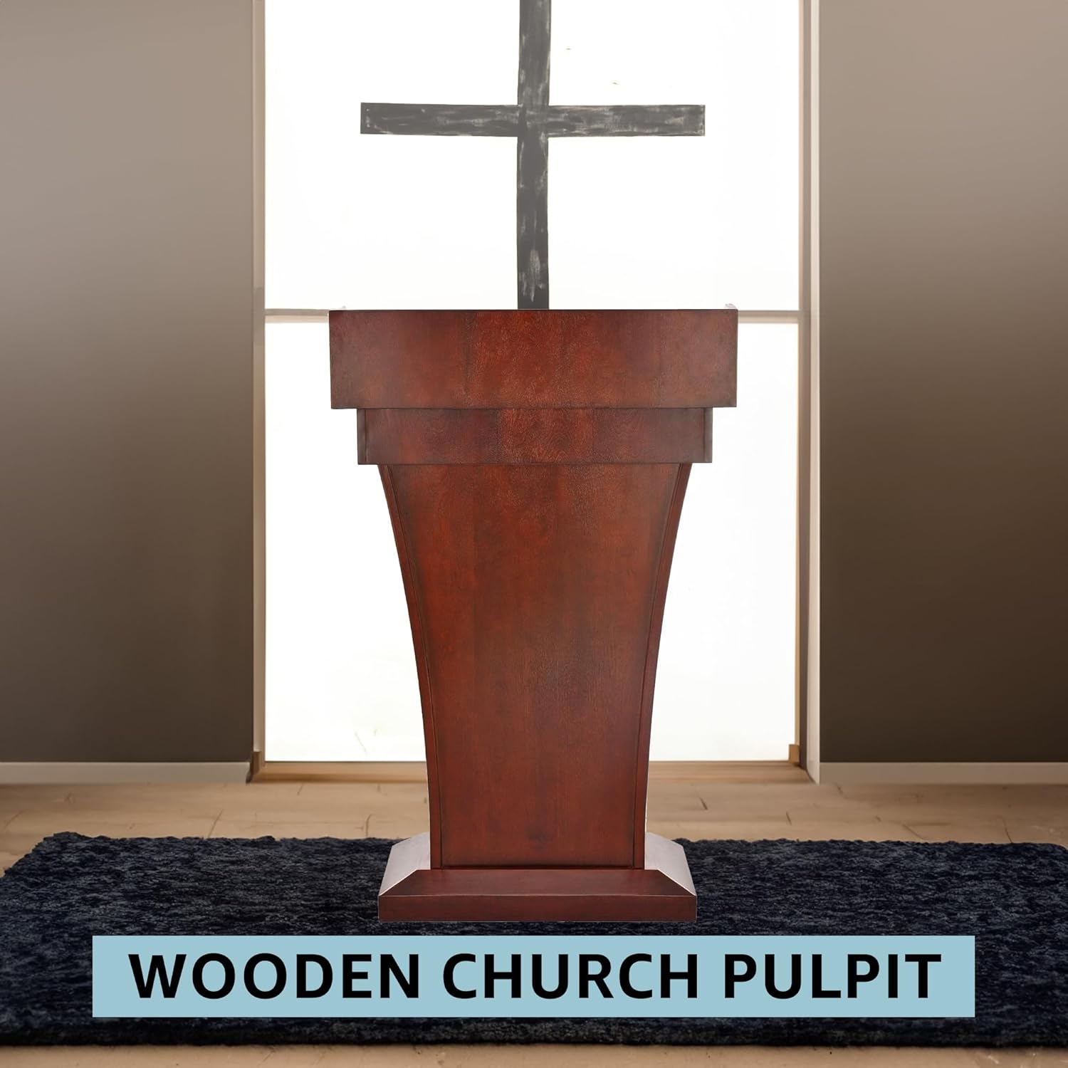 Cherry Wood Stand-Up Podium Lectern with Drawer and Storage Area with Black Cover