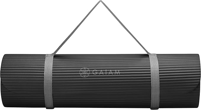 Gaiam Extra-Thick Yoga Fitness Mat and Exercise Mat with Non-Slip Texture and Easy Carry Strap - Black