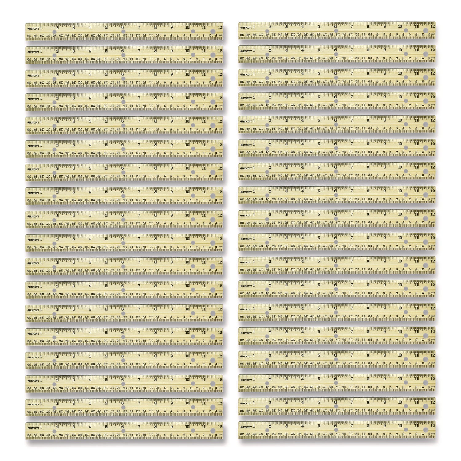 Three-Hole Punched Wood Ruler, Standard/metric, 12" (30 Cm) Long, Natural Wood, 36/box