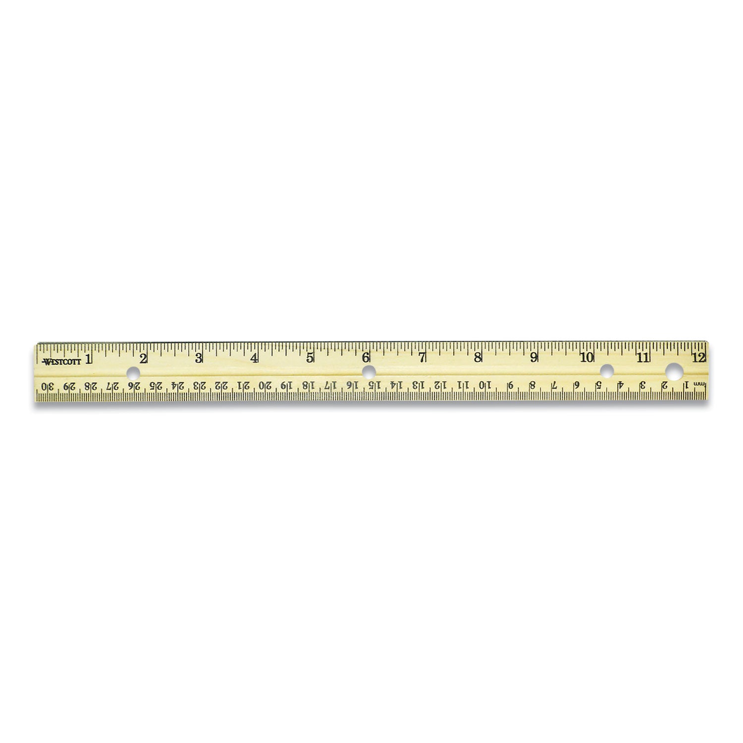 Three-Hole Punched Wood Ruler, Standard/metric, 12" (30 Cm) Long, Natural Wood, 36/box