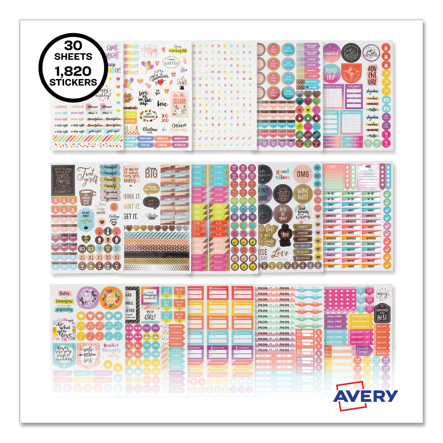 Planner Sticker Variety Pack For Moms, Budget, Family, Fitness, Holiday, Work, Assorted Colors, 1,820/pack