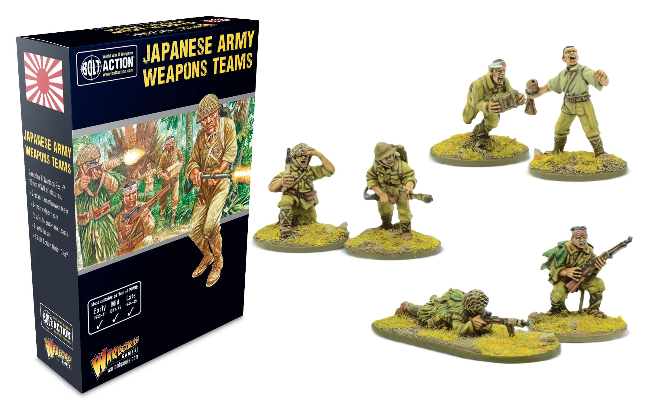 Warlord Bolt Action Japanese Army Weapons Team 1:56 Tabletop Miniatures - Plastic Paintable WWII Soldiers Set, Unpainted Table Top 28mm Military Minifigures for Adults - Gaming Figurines Pack