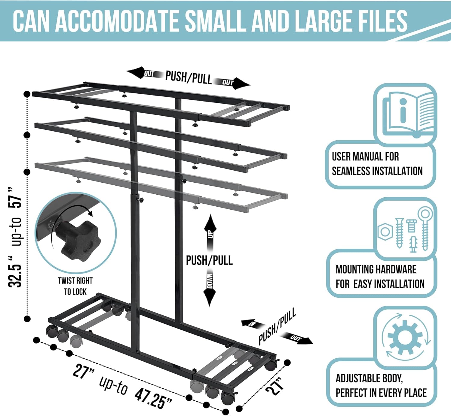 AdirOffice Blueprint Steel Vertical Plan Center, Black with 6036 30 in. Aluminum Hanging Clamps (6 Pack)