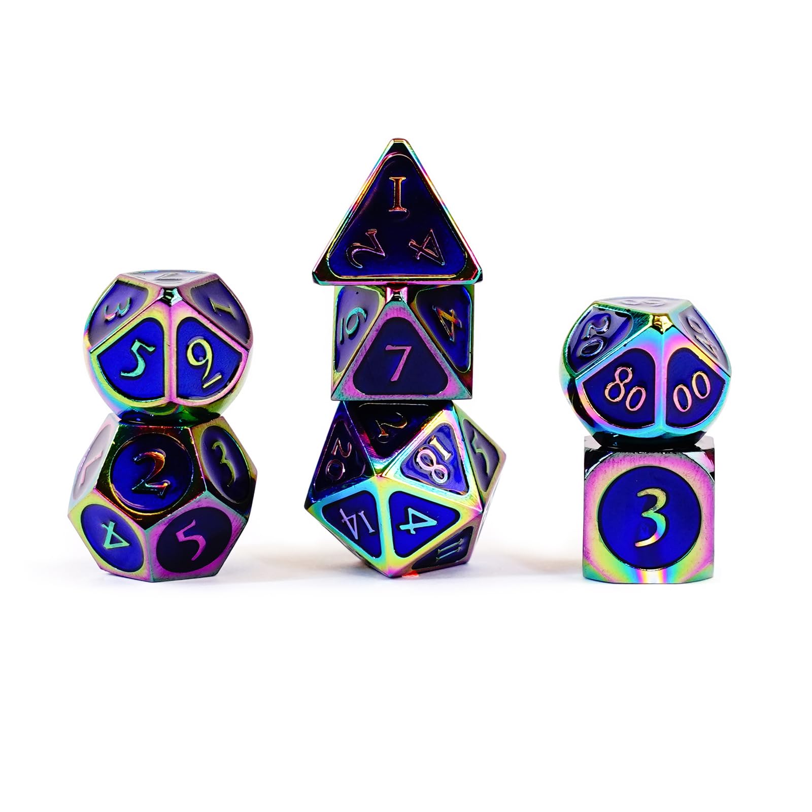 FanRoll 16mm Metal Polyhedral DND Dice Set: Rainbow w/Blue Enamel, Role Playing Game Dice for Dungeons and Dragons