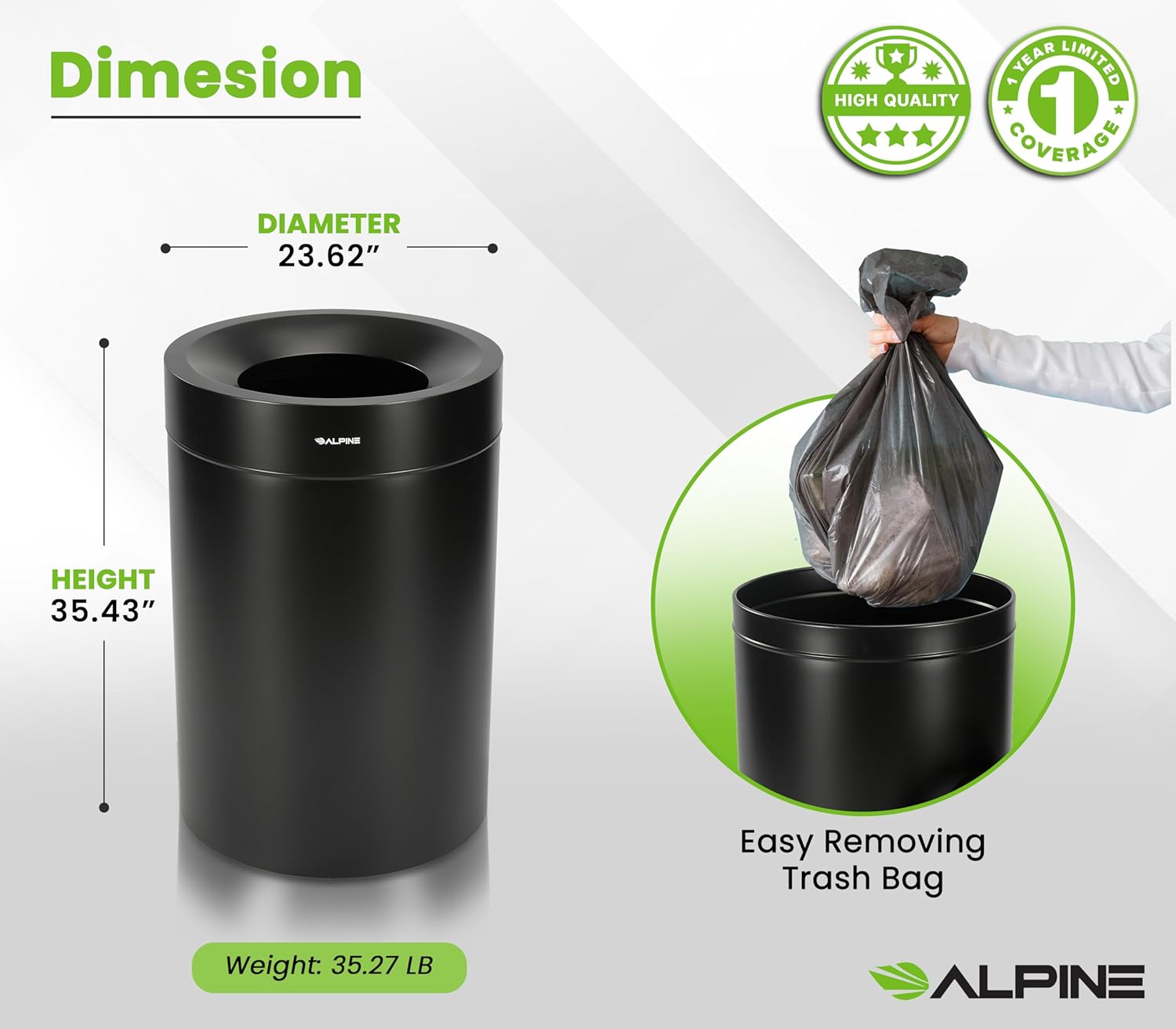 50 Gallon Stainless Steel Compost Bin, Recycling Can, and Trash Receptacle (Black)