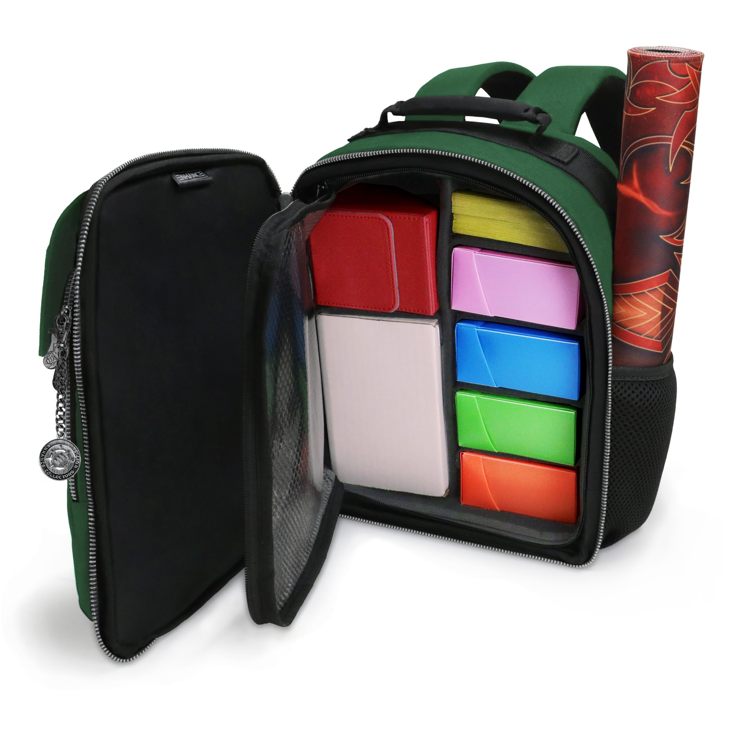 ENHANCE Collector's Edition Small Card Backpack - Card Defender Screen, Storage for Dice Bag, Deck Boxes - TCG Backpack with Playmat Holder, Compatible with Magic the Gathering & more (Dragon Green)