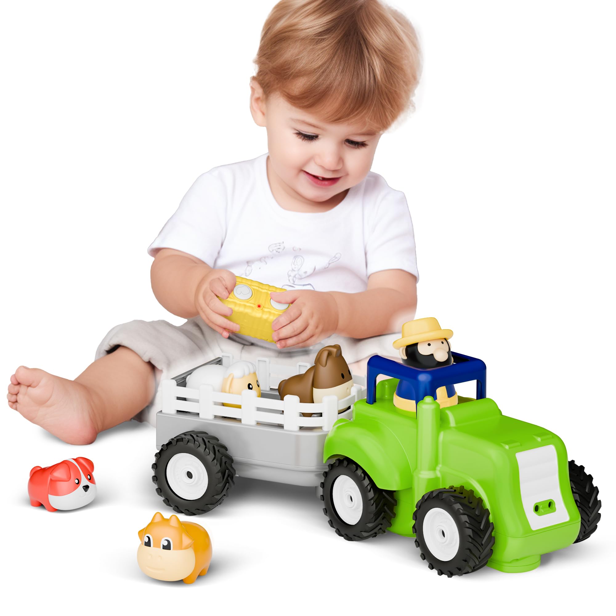 iPlay, iLearn Toddler Remote Control Farm Tractor Toy, Baby RC Trailer Truck Set, Music Pretend Farmer Animals Vehicle Playset W/Sound, Birthday Gifts for 18 24 Month 2 3 4 Year Old Kids Boys Girls