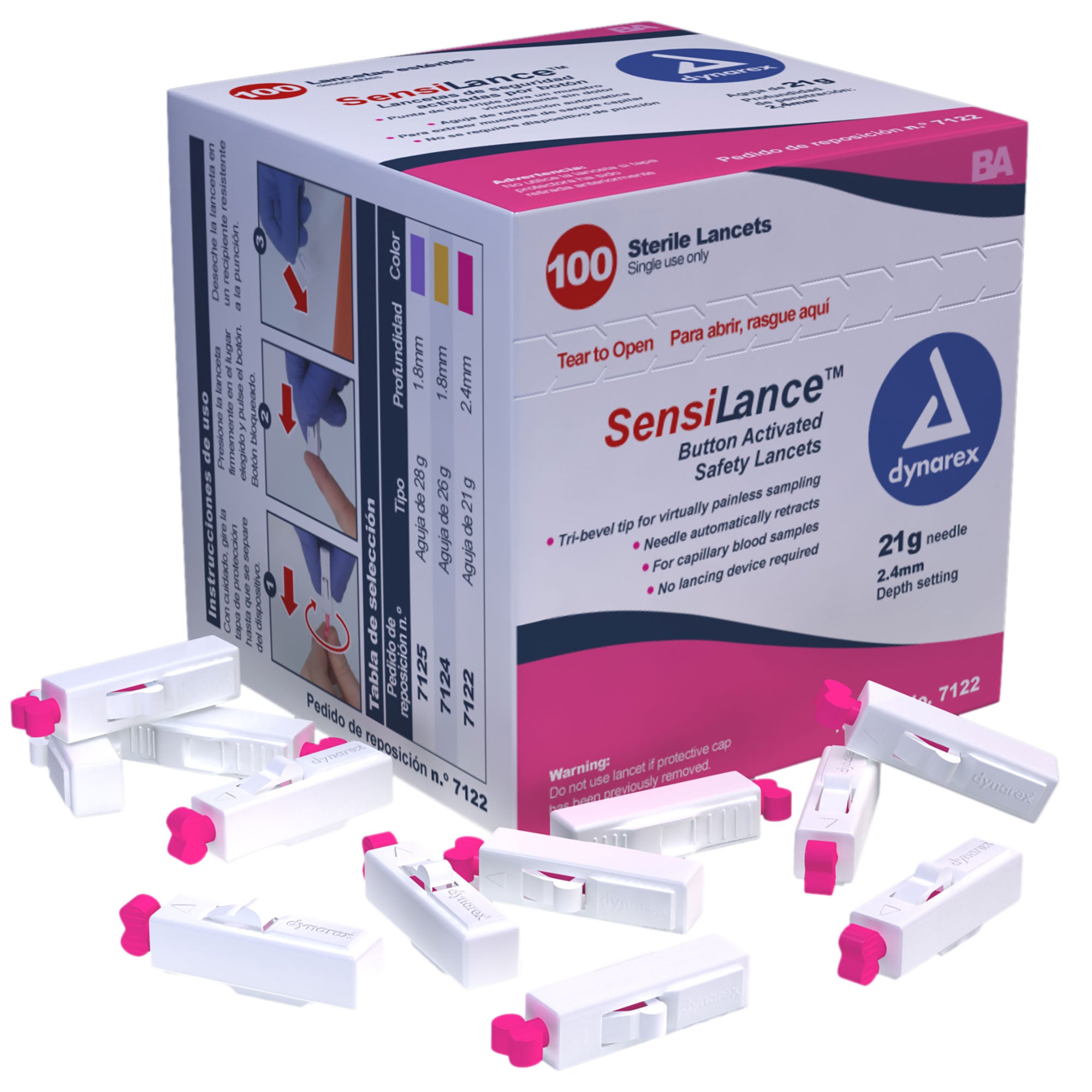 Button Activated Safety Lancets - Sterile, 21G Needle, 2.4mm - 100 pcs per Box/10 Boxes per Case
