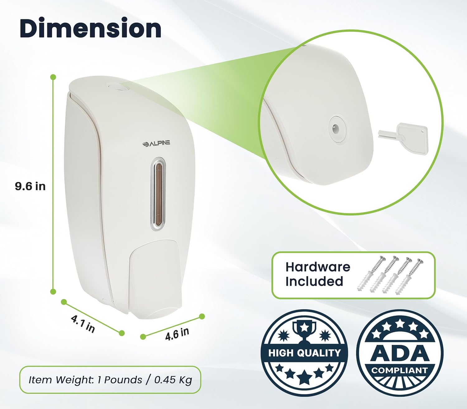 Alpine Industries 425-WHI Soap & Hand Sanitizer Dispenser, Surface Mounted, 800 ml Capacity, White