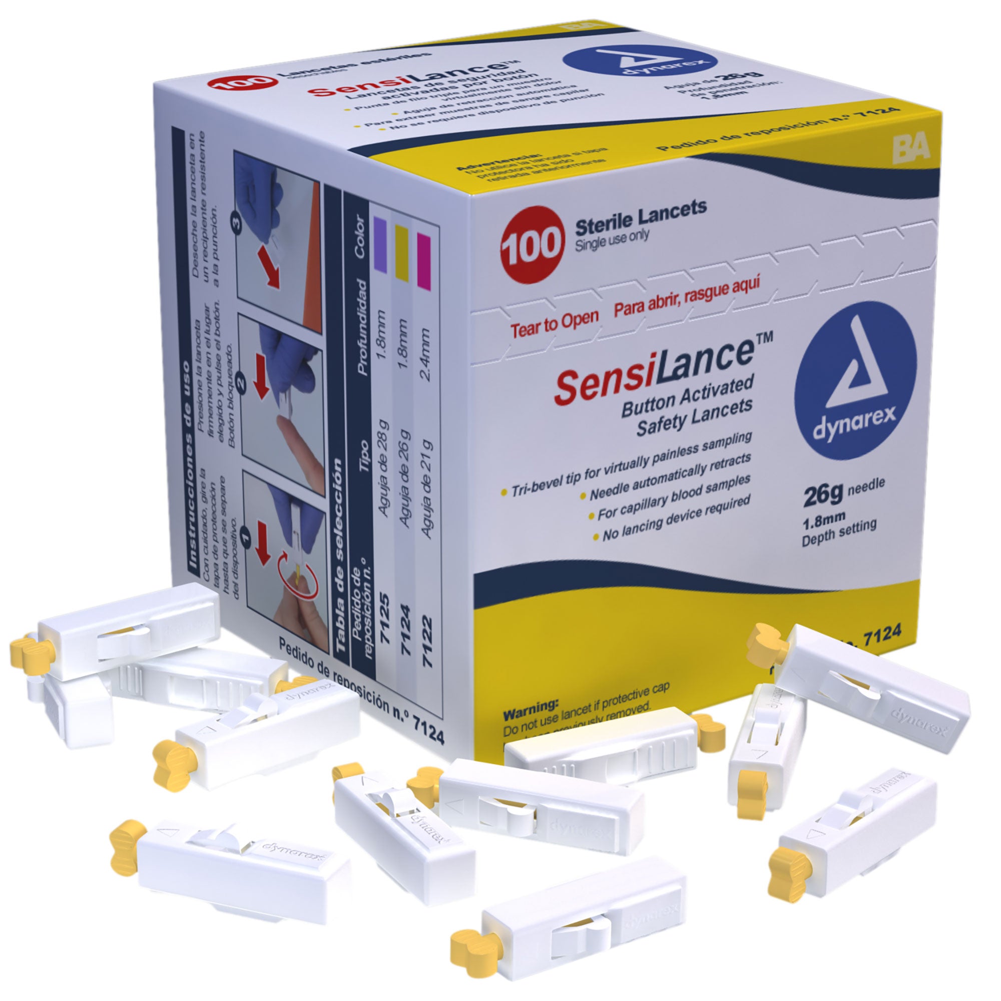 Button Activated Safety Lancets - Sterile, 26G Needle, 1.8mm - 100 pcs per Box/10 Boxes per Case