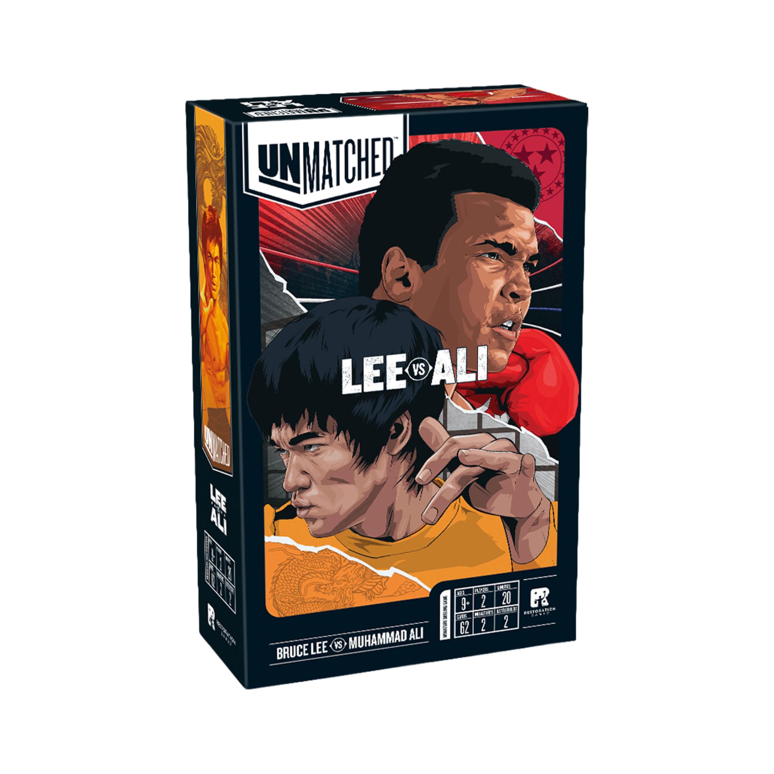 Restoration Games Unmatched Muhammad Ali vs Bruce Lee - Strategy Board Game for 2 Players - Heroes Expansion with Miniatures, Unique Decks, and Abilities - 20 Min Playtime - Ages 9+