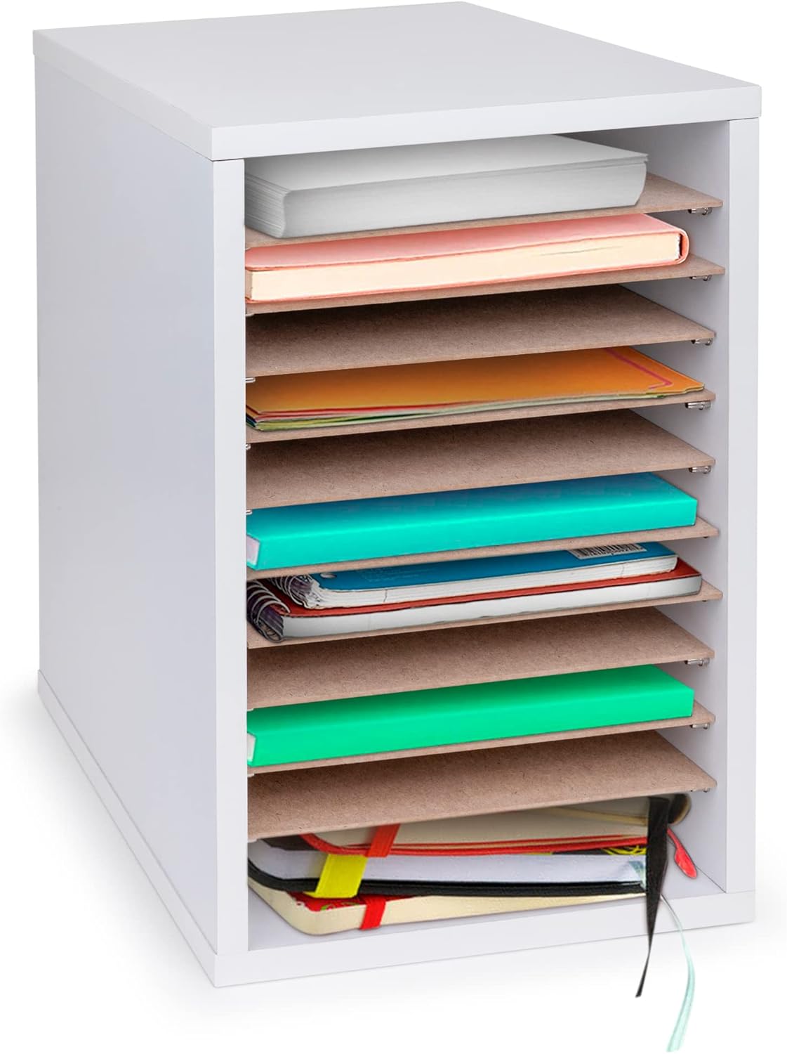 11-Compartment Wood Adjustable Vertical Paper Sorter Literature File Organizer, White