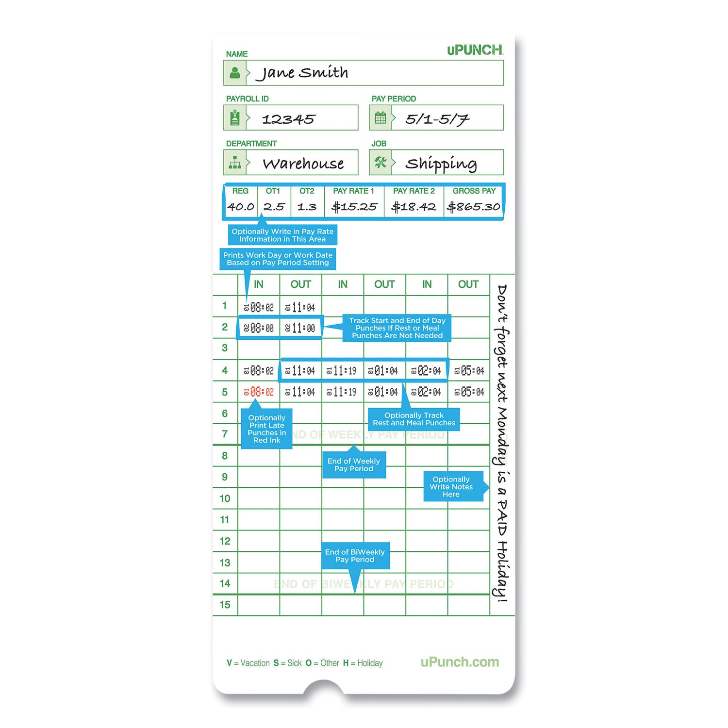 Time Clock Cards For Upunch Hn3000, Two Sides, 7.37 X 3.37, 50/pack