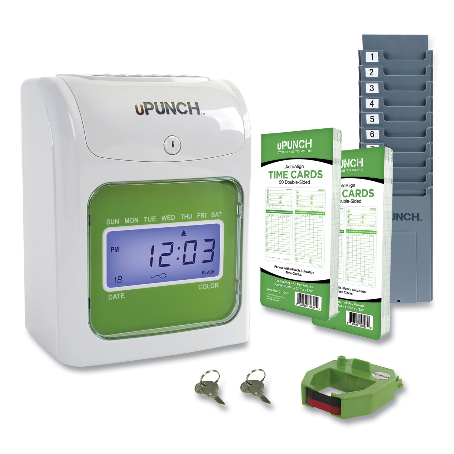 Hn1500 Electronic Non-Calculating Time Clock Bundle, Lcd Display, Beige/green