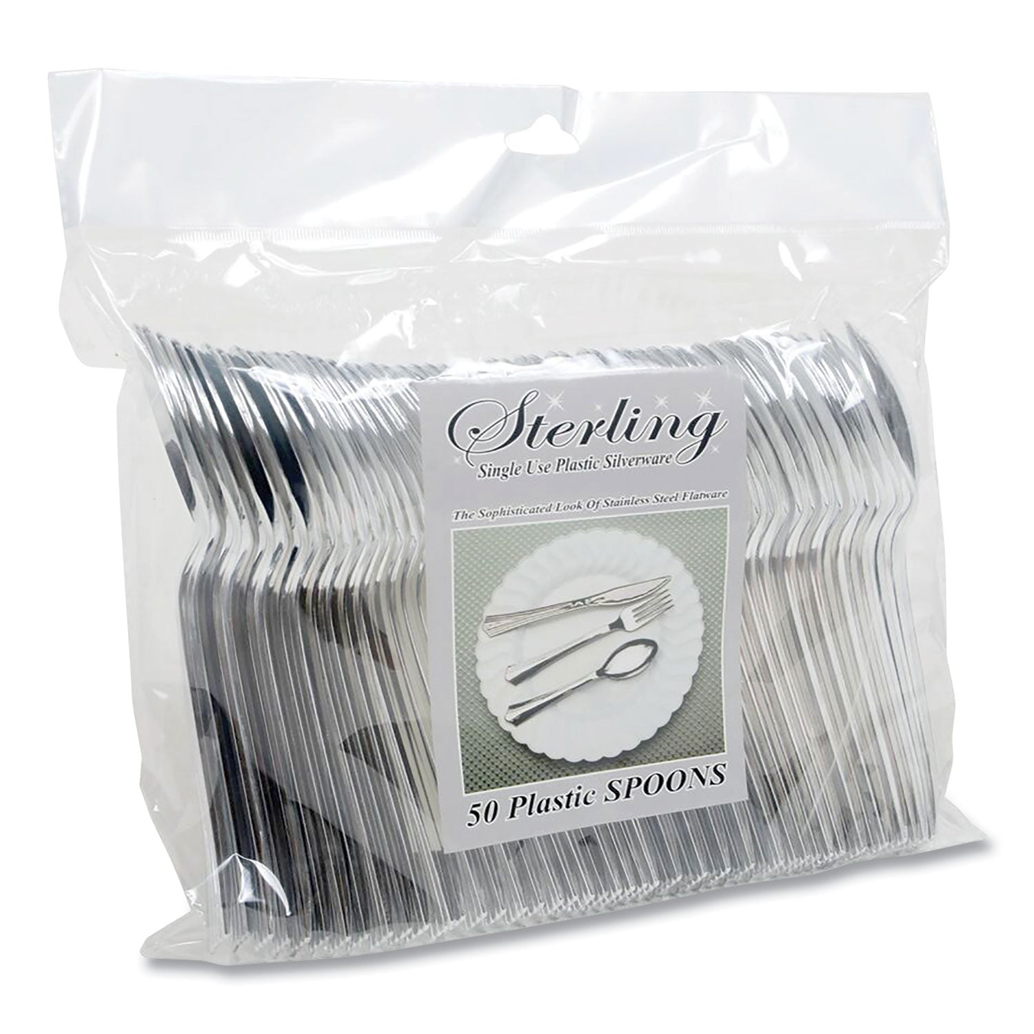 Sterling Heavy-Duty Plastic Cutlery, Spoon, Silver, 50/Pack