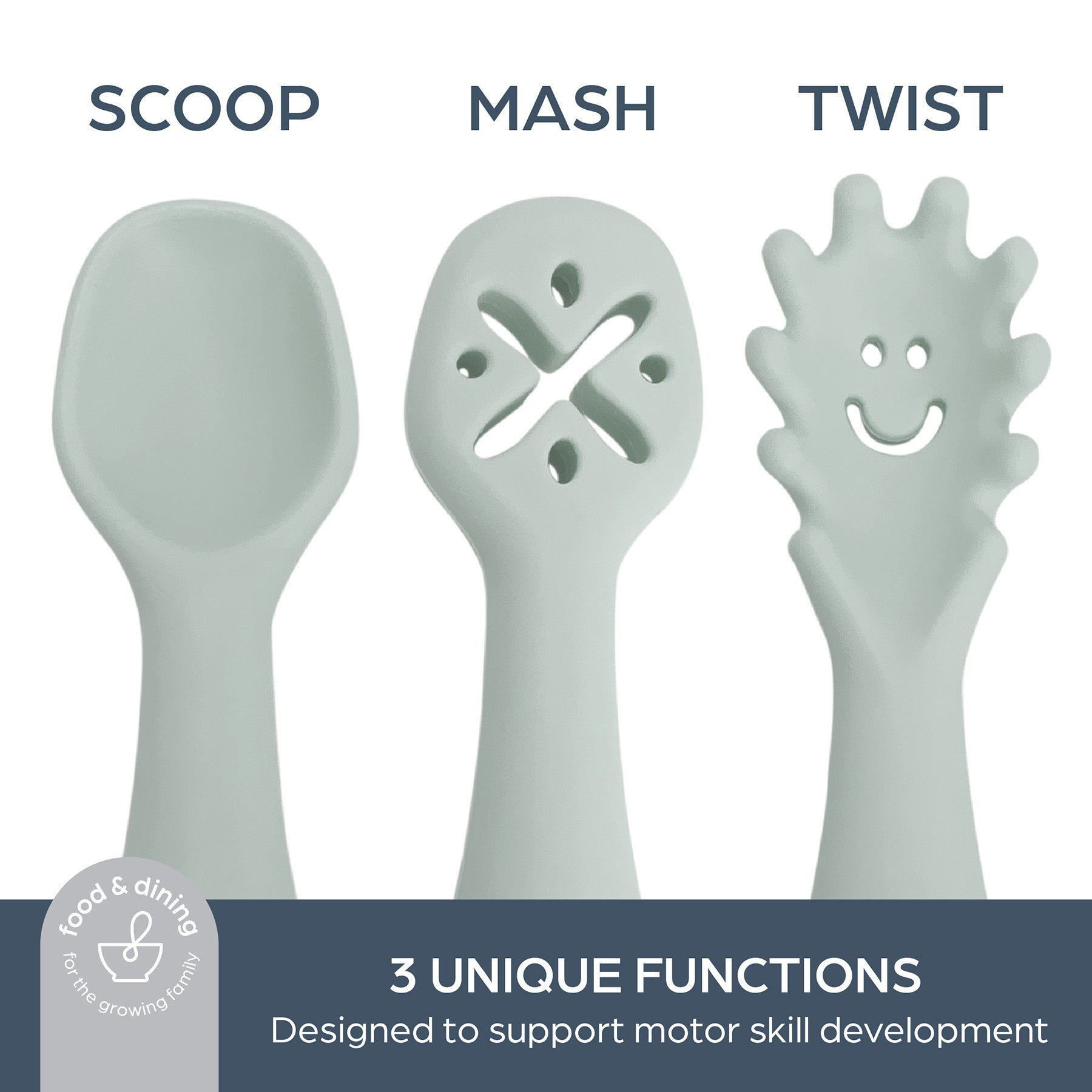 Silicone Scoop, Mash & Twist 3-Piece Cutlery Set, Seafoam