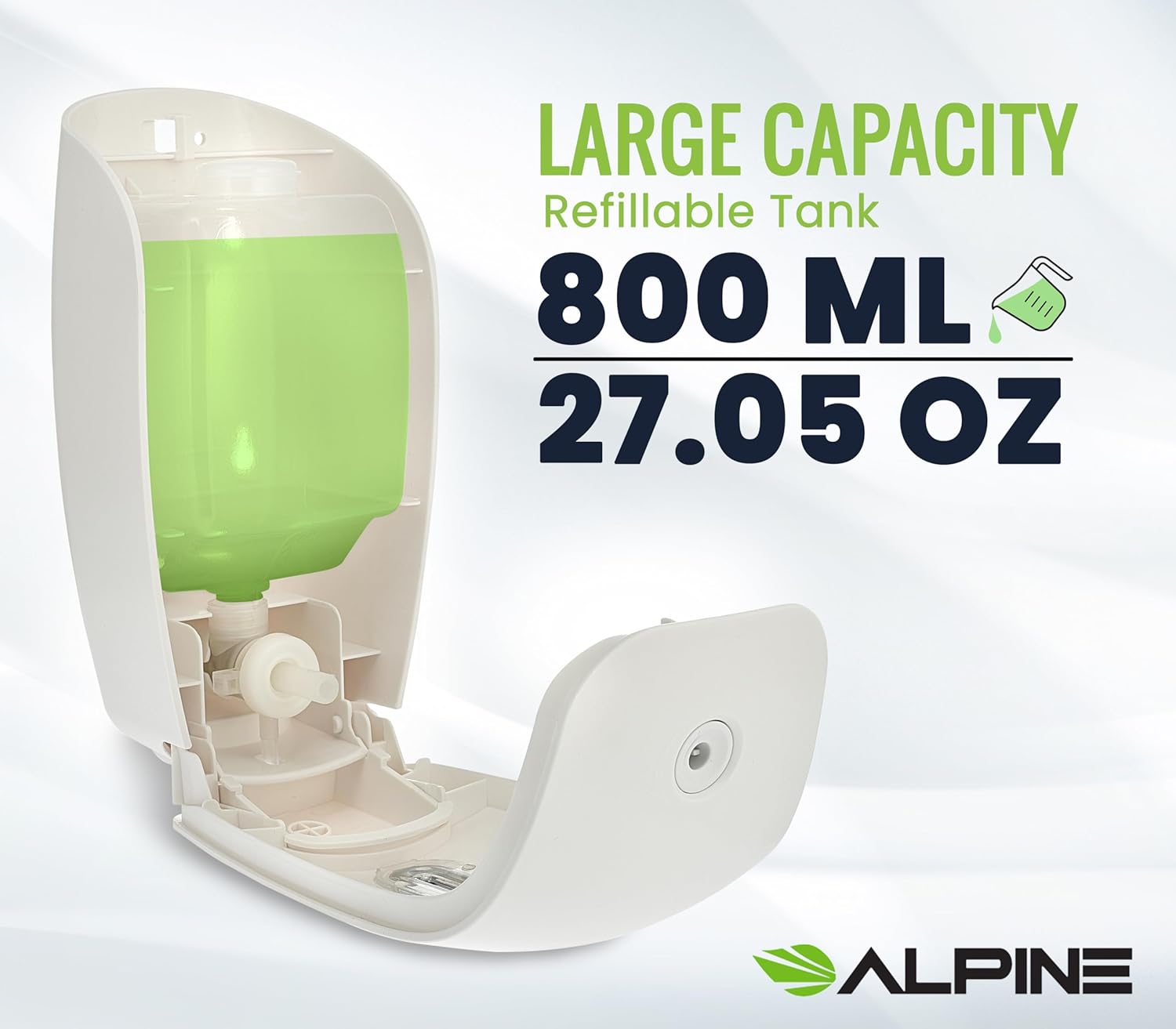 Alpine Industries 425-WHI Soap & Hand Sanitizer Dispenser, Surface Mounted, 800 ml Capacity, White