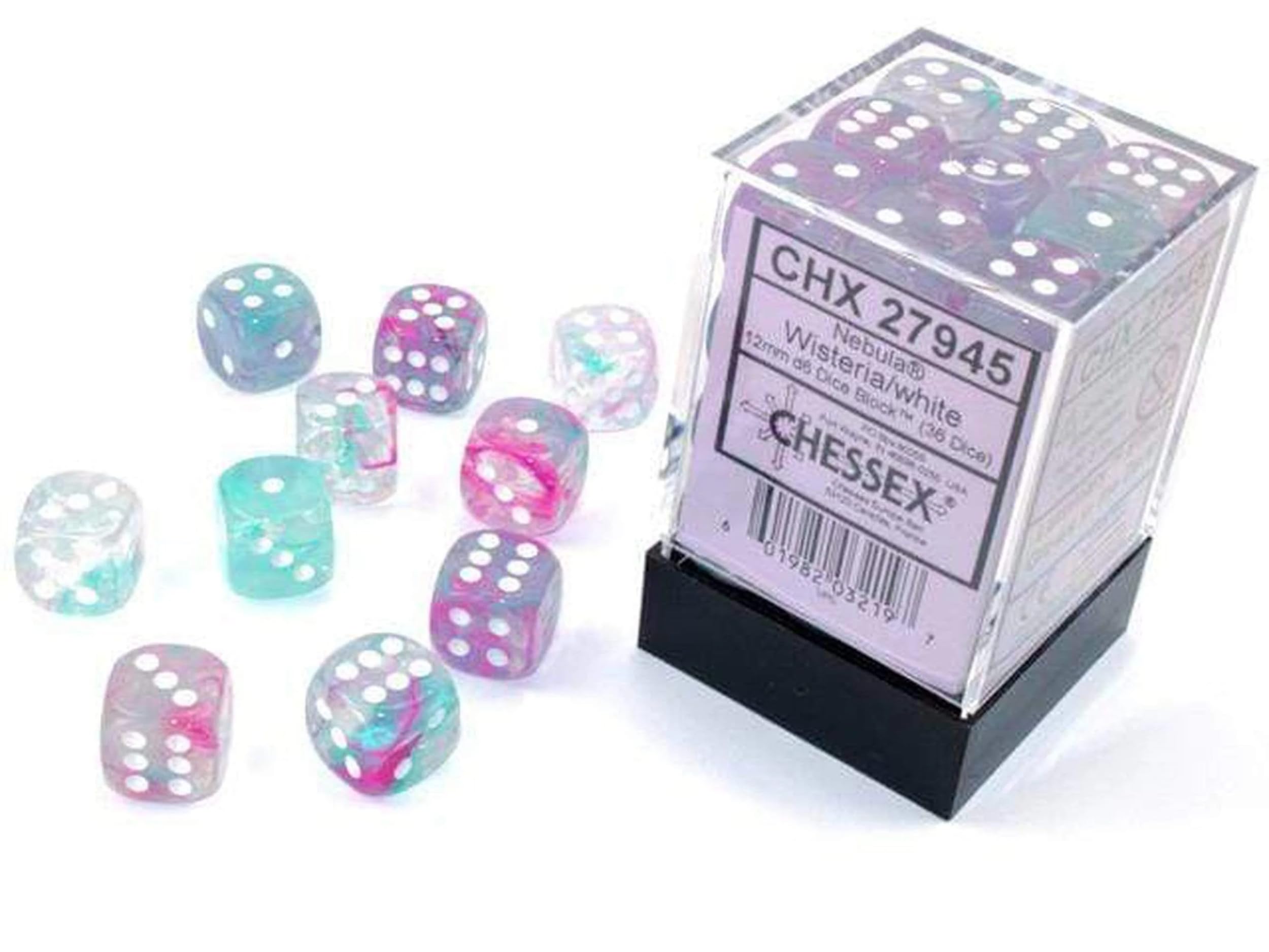 Chessex Nebula 12mm d6 Wisteria/White w/Luminary Dice Block (36 dice) Blue