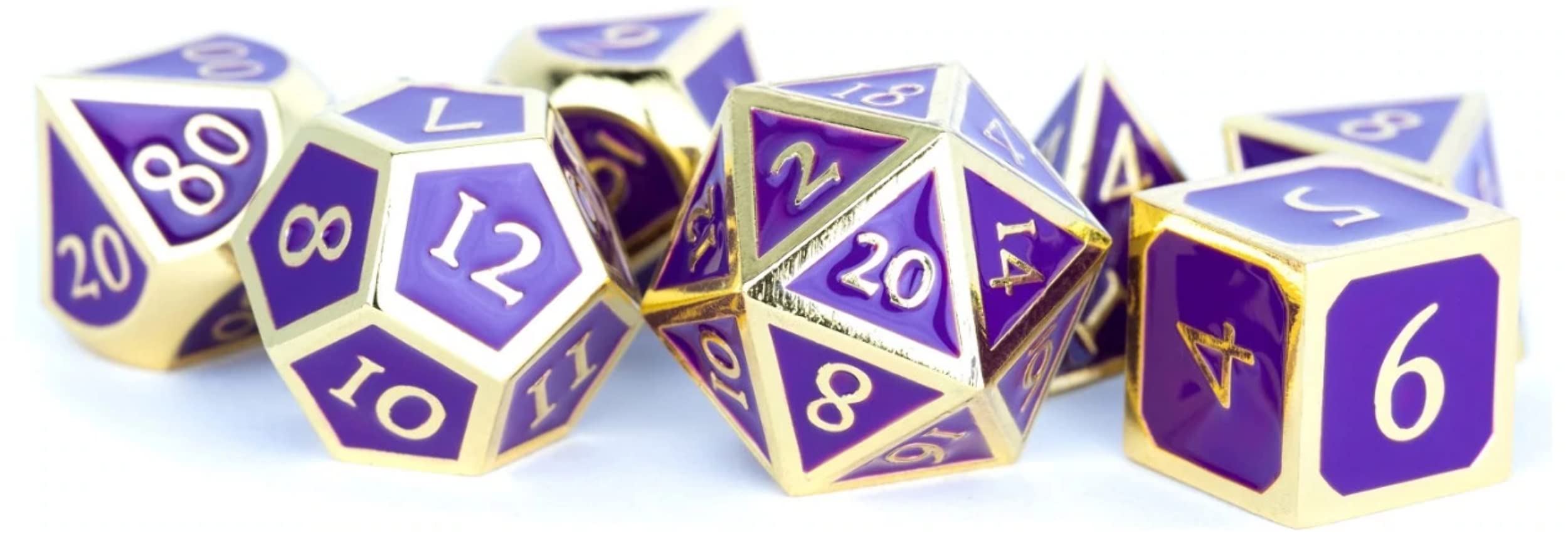 FanRoll 16mm Metal Polyhedral DND Dice Set: Gold w/Purple Enamel, Role Playing Game Dice for Dungeons and Dragons