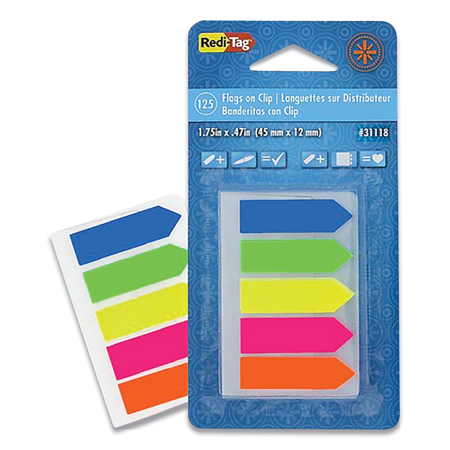 25 x Neon Blue, 25 x Lime, 25 x Lemon, 25 x Pink, 25 x Tangerine - 29/64" Flag/Note Width x 1 3/4" Flag/Note Length - Arrow - Assorted - Removable, See-through, Self-adhesive - Dispenser Included - 1 Pack